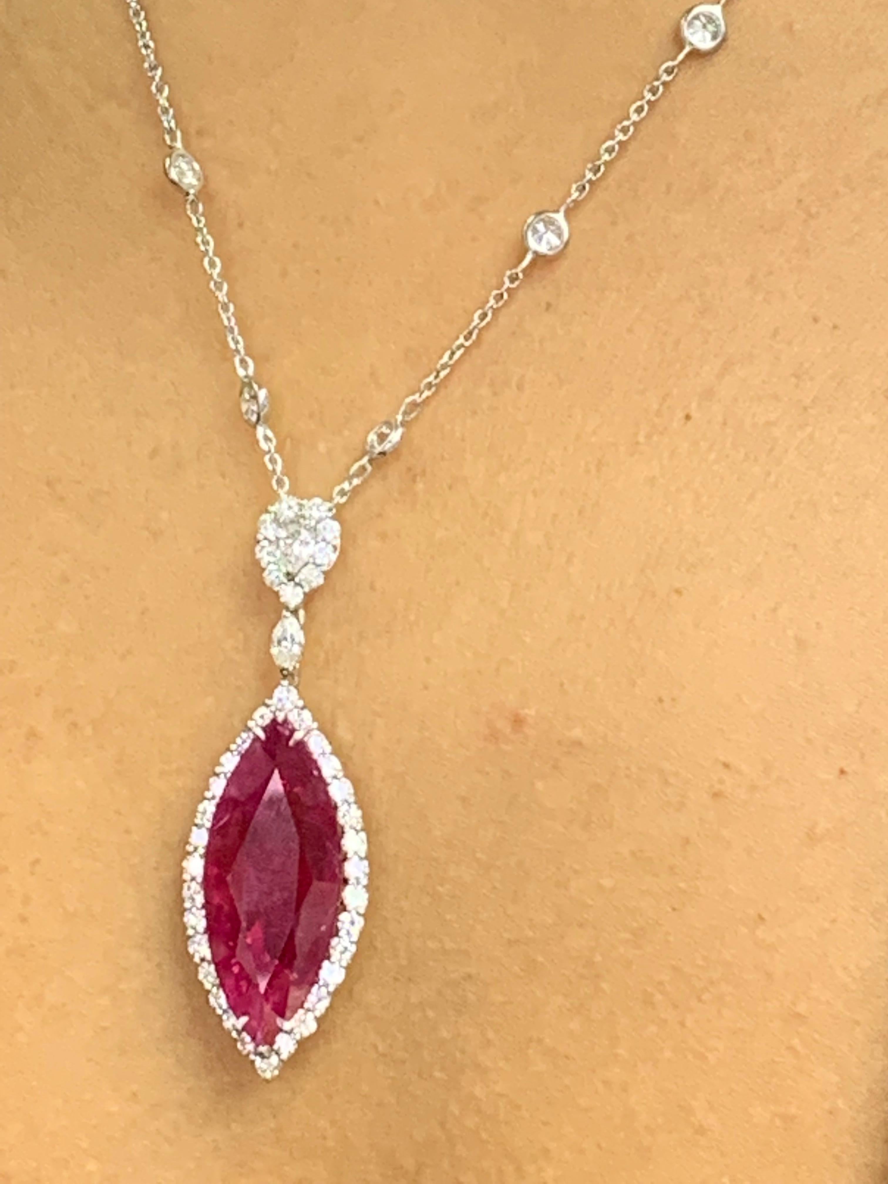 13.15 Carat Marquise Ruby and Diamond Halo Drop Necklace in 18K White Gold For Sale 8