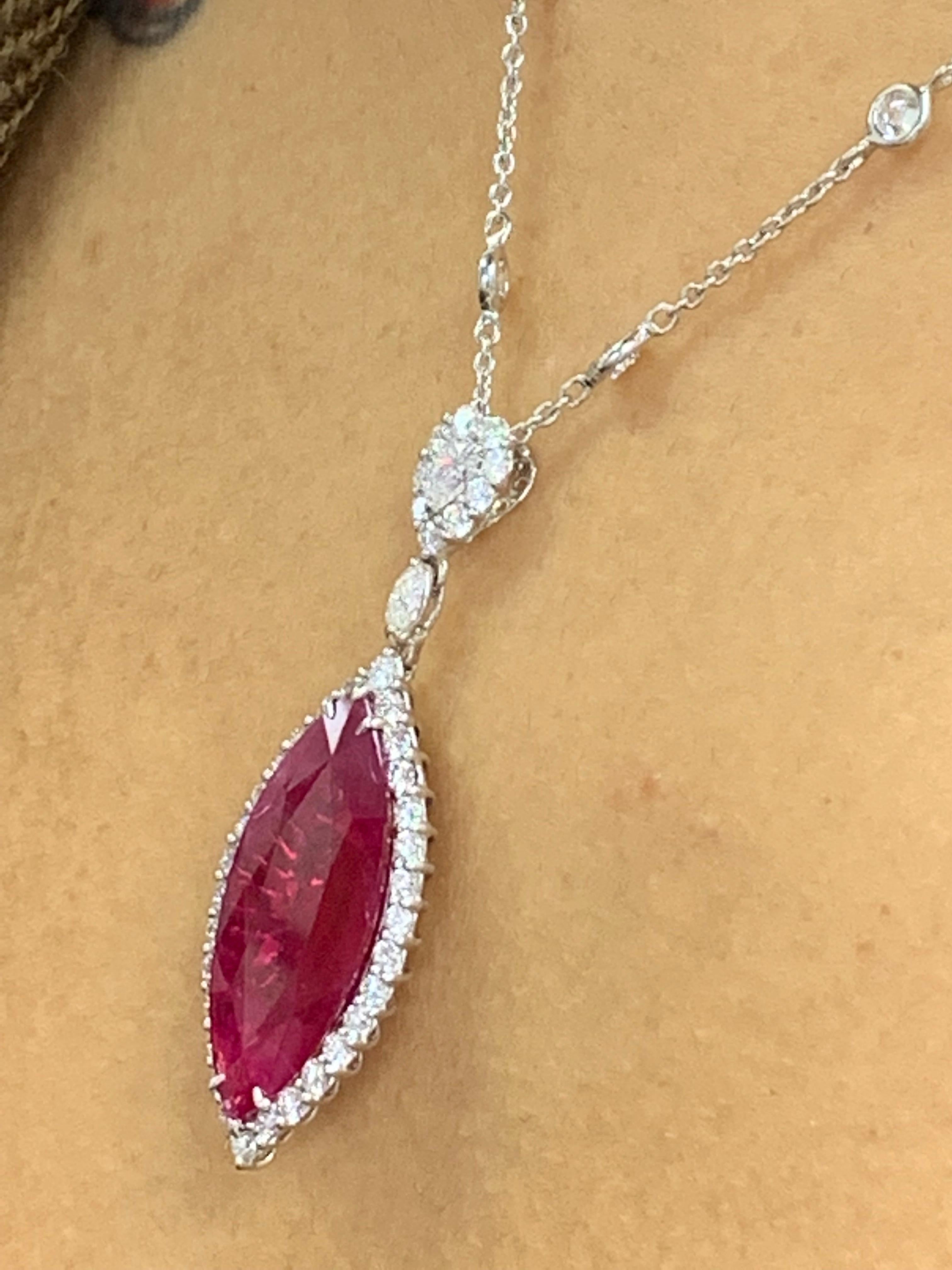 13.15 Carat Marquise Ruby and Diamond Halo Drop Necklace in 18K White Gold For Sale 10