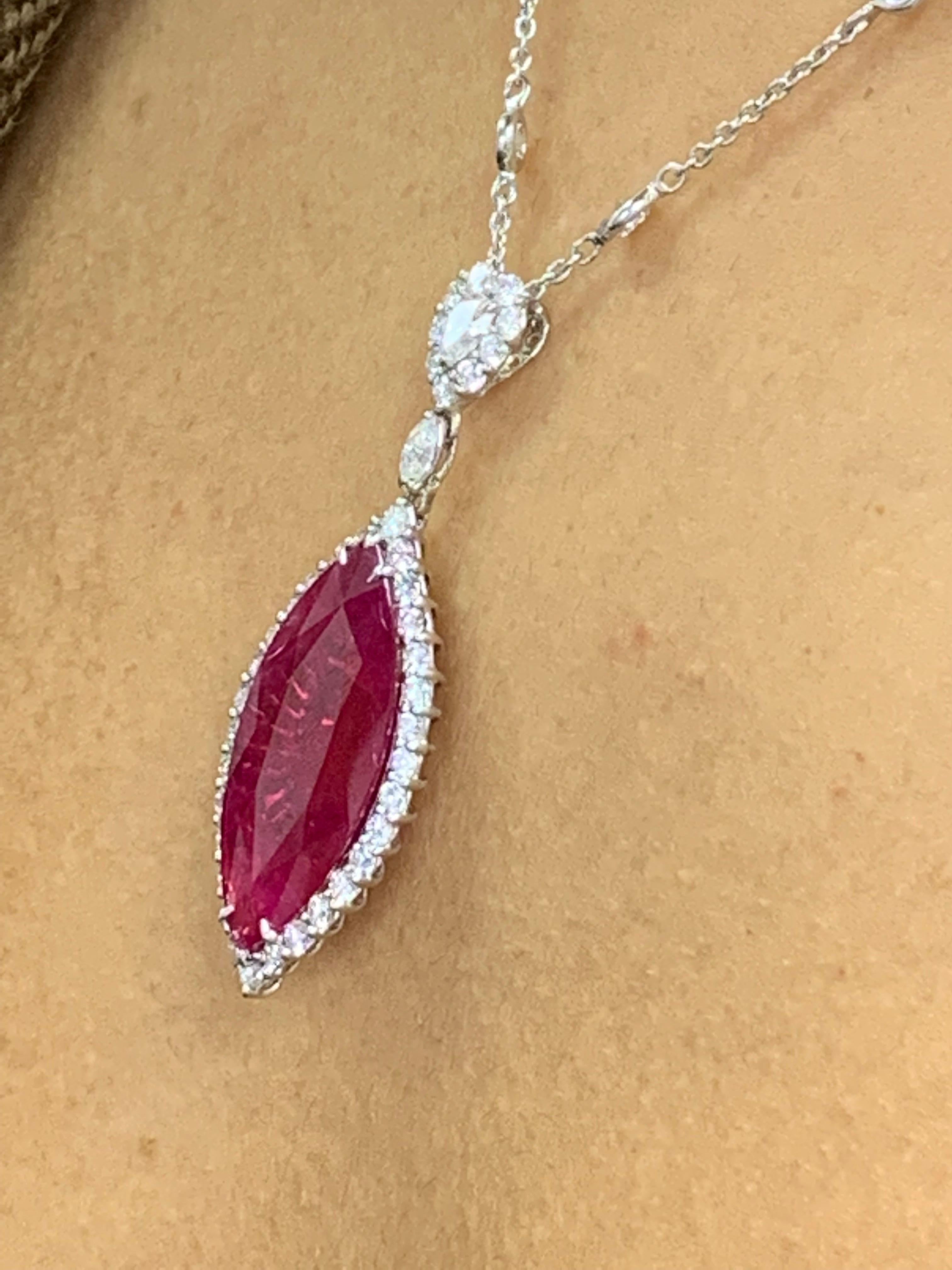 13.15 Carat Marquise Ruby and Diamond Halo Drop Necklace in 18K White Gold For Sale 11