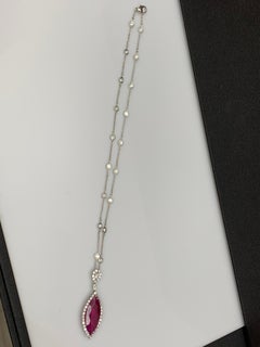 13.15 Carat Marquise Ruby and Diamond Halo Drop Necklace in 18K White Gold