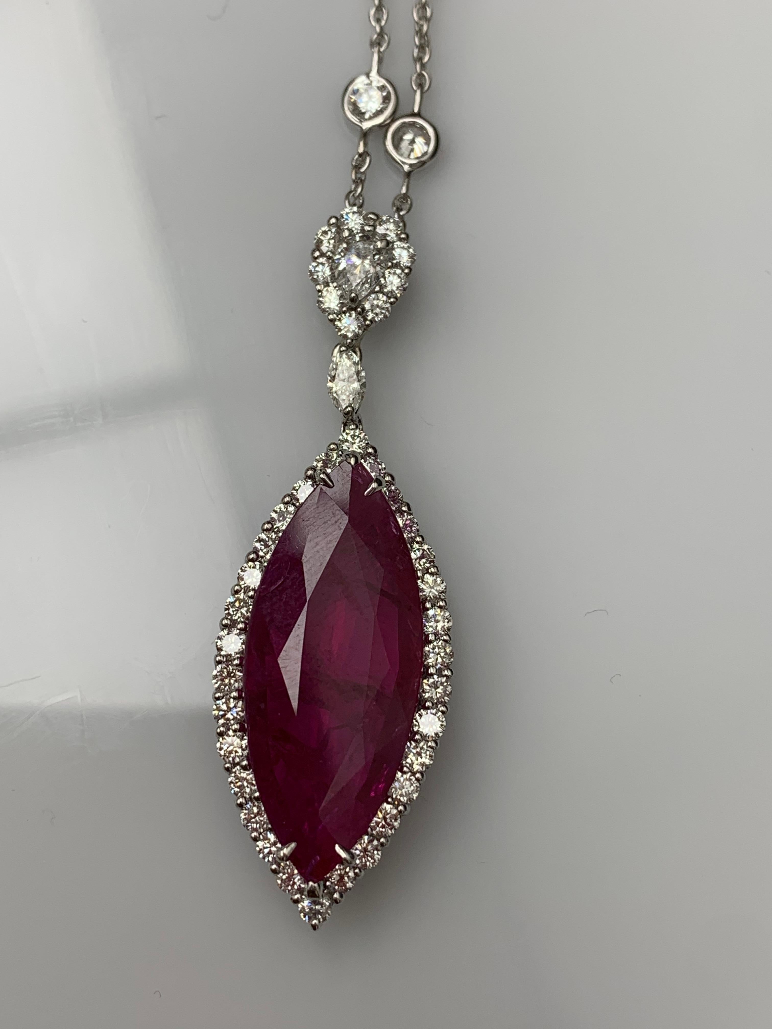 Marquise Cut 13.15 Carat Marquise Ruby and Diamond Halo Drop Necklace in 18K White Gold For Sale