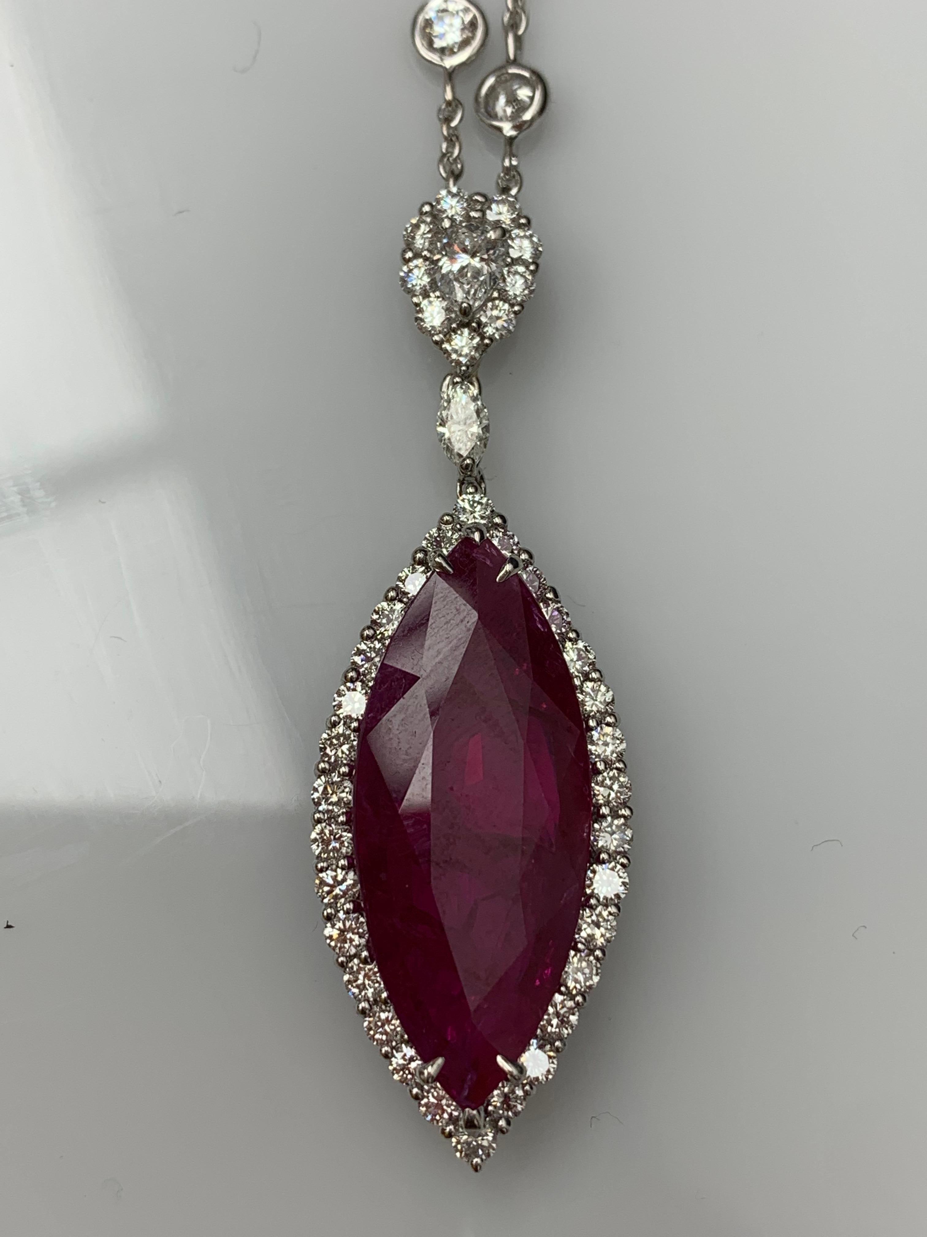 13.15 Carat Marquise Ruby and Diamond Halo Drop Necklace in 18K White Gold In New Condition For Sale In NEW YORK, NY