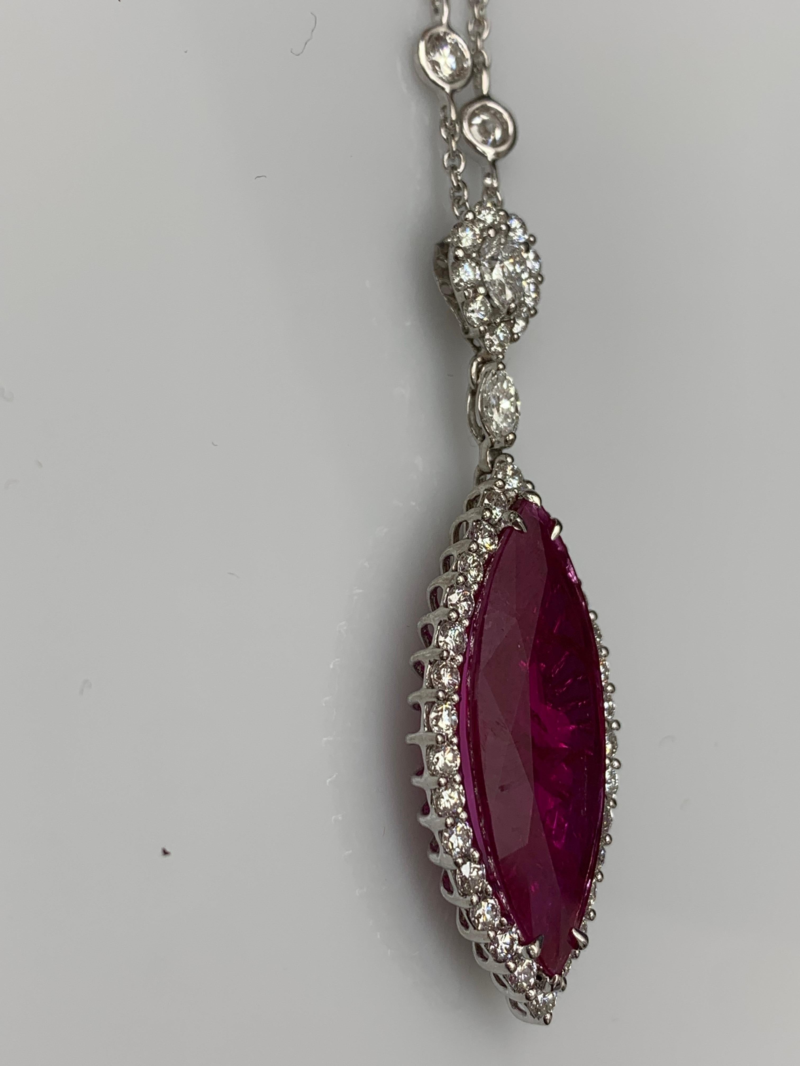 13.15 Carat Marquise Ruby and Diamond Halo Drop Necklace in 18K White Gold For Sale 2