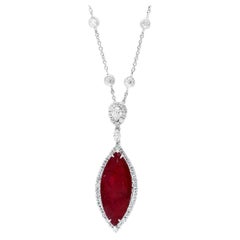 13.15 Carat Marquise Ruby and Diamond Halo Drop Necklace in 18K White Gold