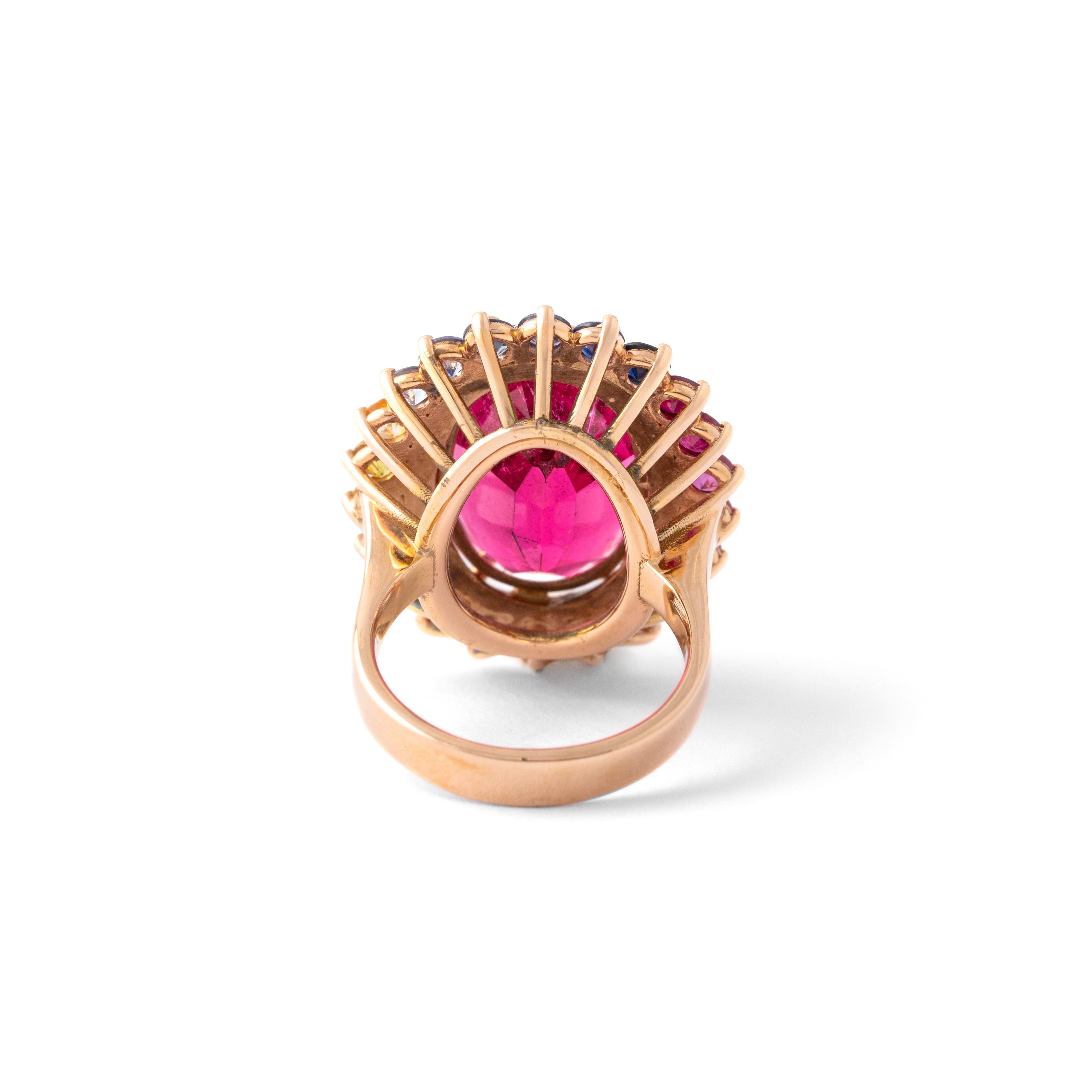 Anello in oro rosa 18 carati con tormalina rosa e zaffiro da 13,15 carati In condizioni buone in vendita a Geneva, CH