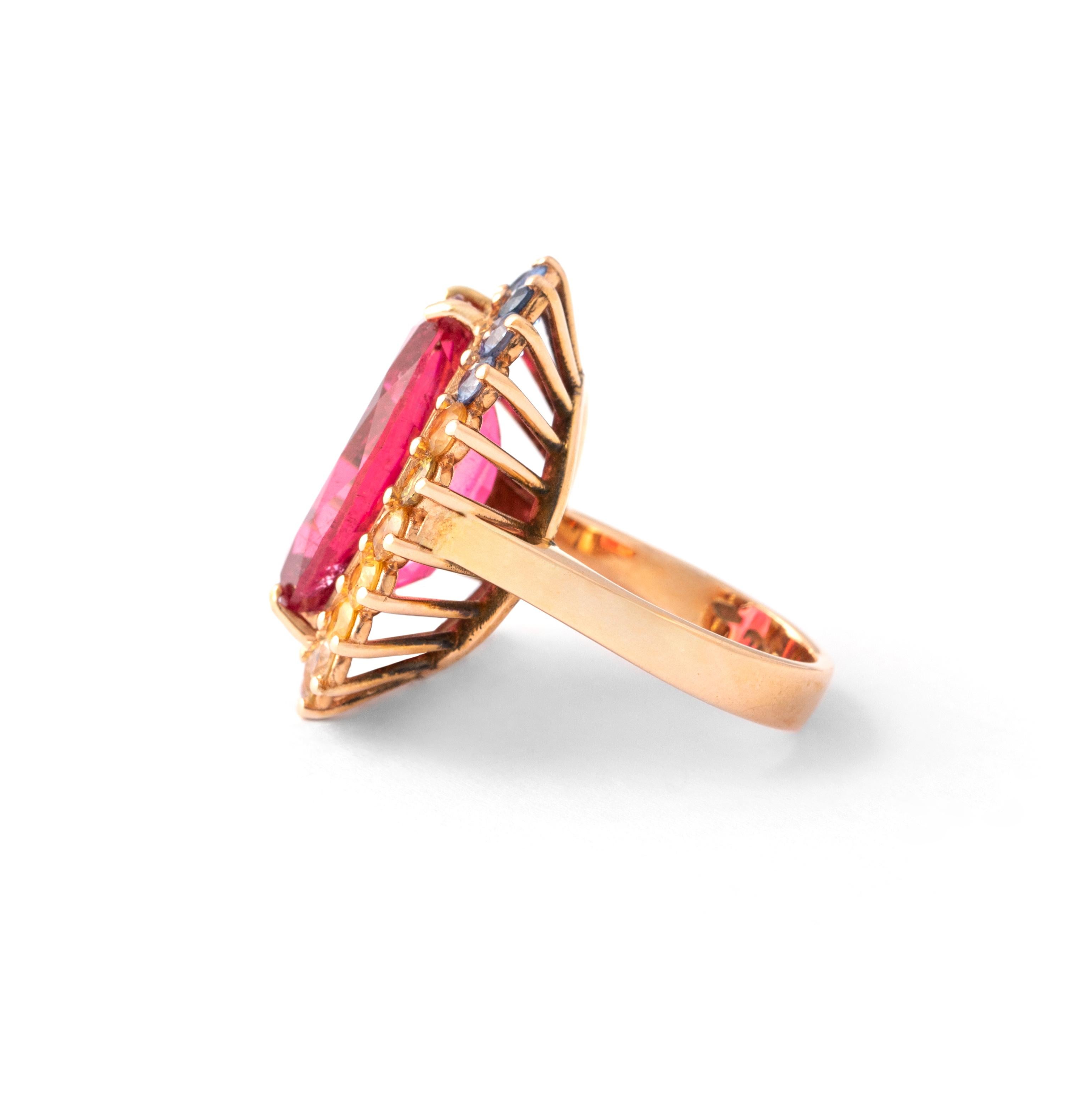 da uomo o donna Anello in oro rosa 18 carati con tormalina rosa e zaffiro da 13,15 carati in vendita