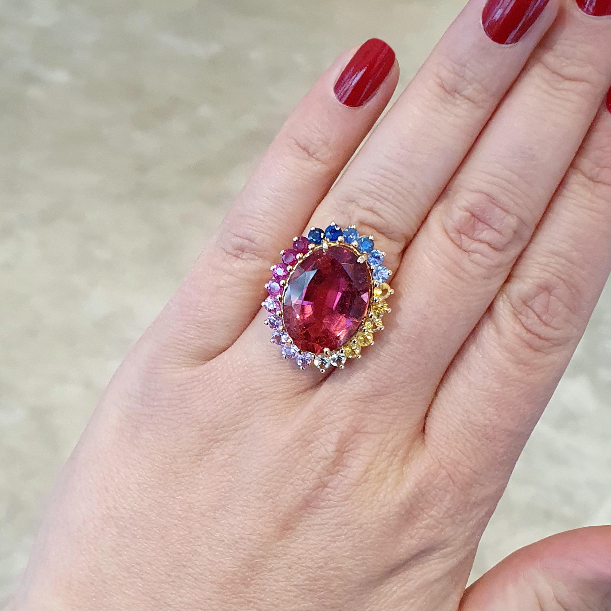 Anello in oro rosa 18 carati con tormalina rosa e zaffiro da 13,15 carati in vendita 2