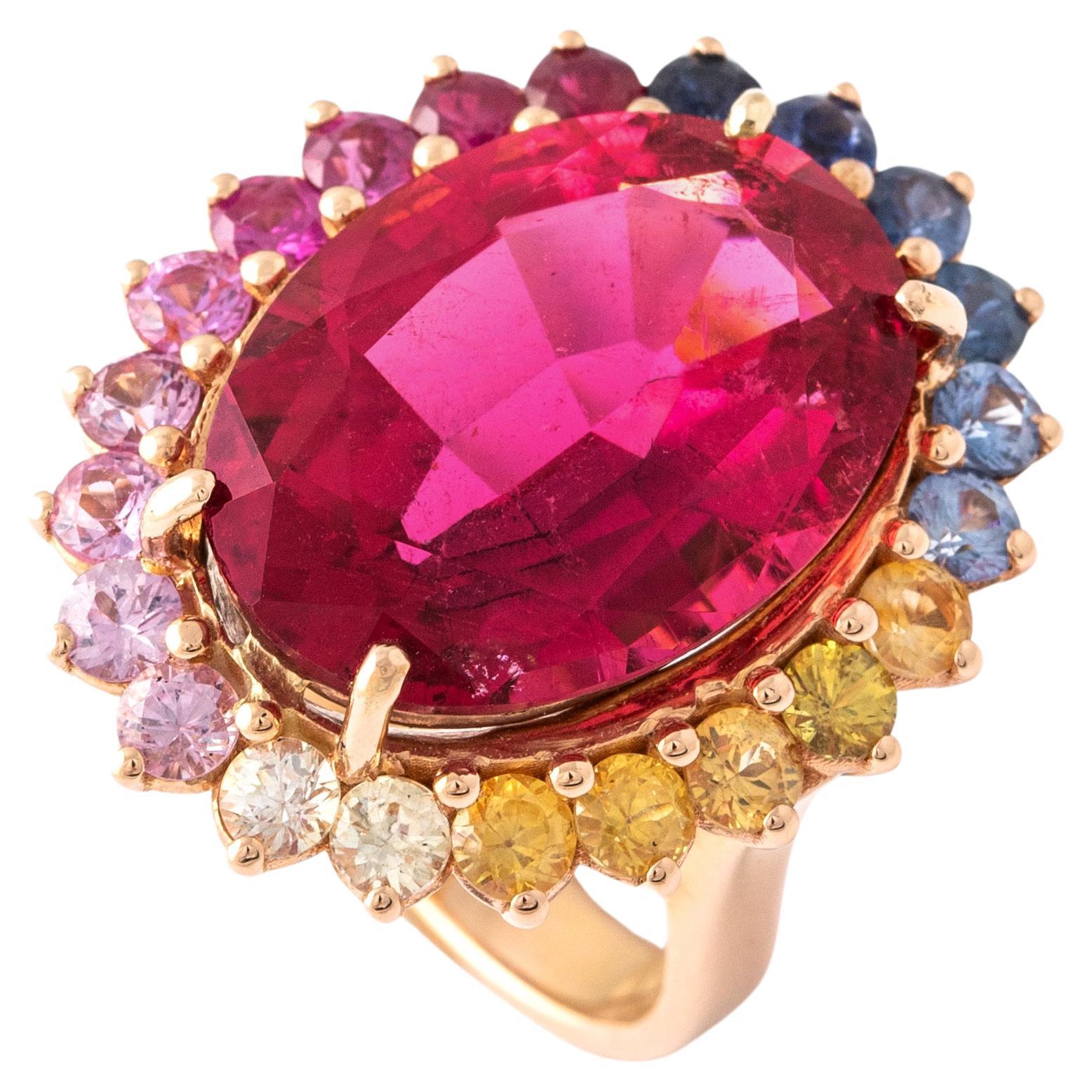 13.15 Carat Pink Tourmaline and Sapphire Pink Gold 18K Ring