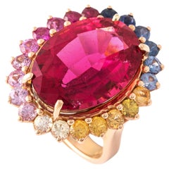 13.15 Carat Pink Tourmaline and Sapphire Pink Gold 18K Ring