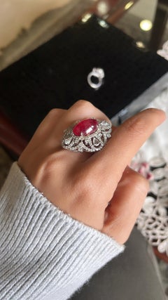13.16 Carats, Natural Burmese Spinel Cabochon & Rose Cut Diamonds Cocktail Ring
