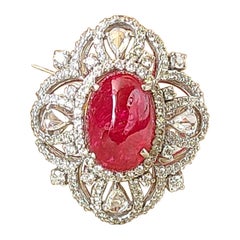 13.16 Carats, Natural Burmese Spinel Cabochon & Rose Cut Diamonds Cocktail Ring
