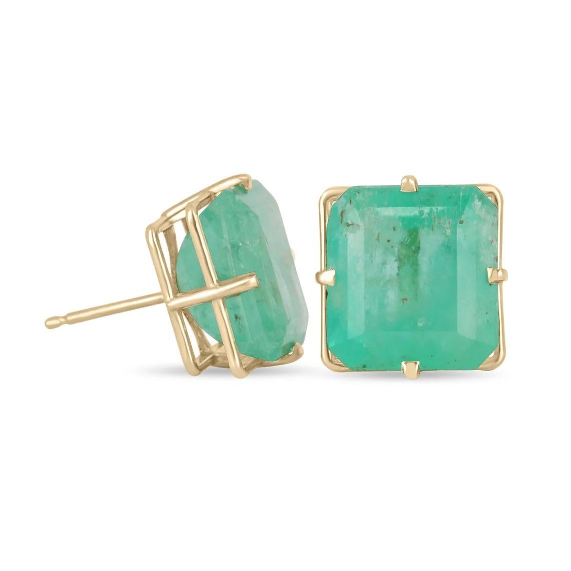 Featured here is a beautiful set of HUGE AND VERY RARE Asscher cut Colombian emerald studs in fine 14K yellow gold. Displayed are TRUE statement size medium-green emeralds with good transparency, accented by offset gold prongs, allowing for the