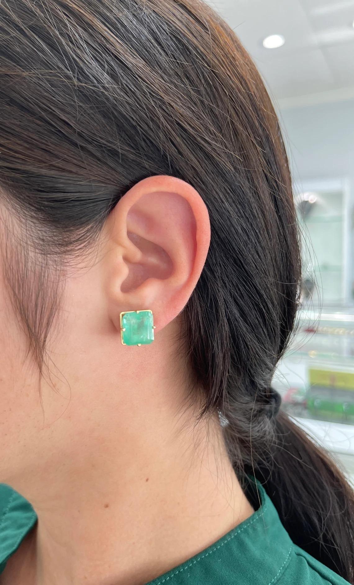 13.16tcw 14K Colombian Emerald-Asscher Cut Four Prong Set Gold Stud Earrings For Sale 1