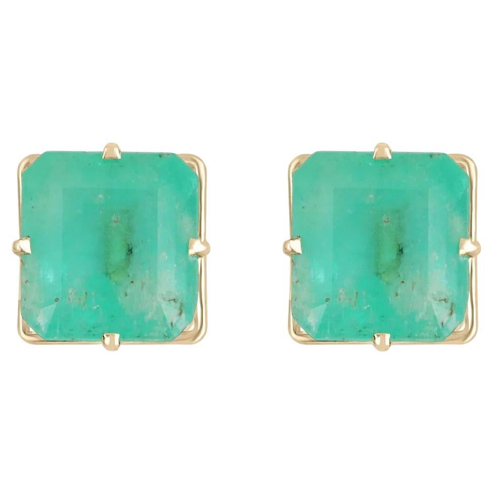 13.16tcw 14K Colombian Emerald-Asscher Cut Four Prong Set Gold Stud Earrings For Sale
