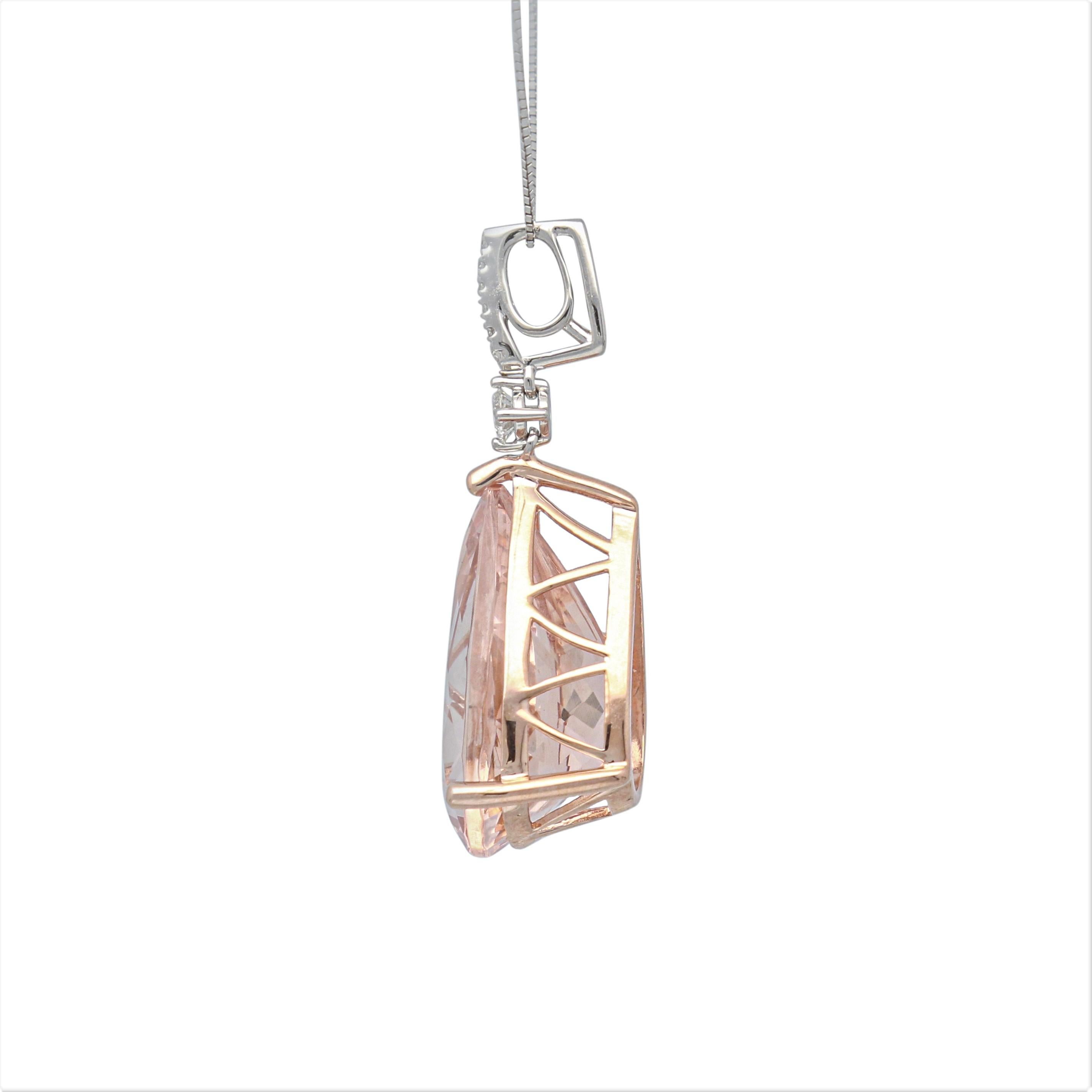 This Gin and Grace Pendant is crafted in 14-karat Two Tone Gold and features a Pear shaped Morganite 13.17 Carat & 7 Round Brilliant cut Diamonds 0.15 Carat. This necklace comes with 18