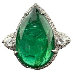 13.17 Carat Pear Shaped Cabochon Emerald Cocktail Three Stone  Ring