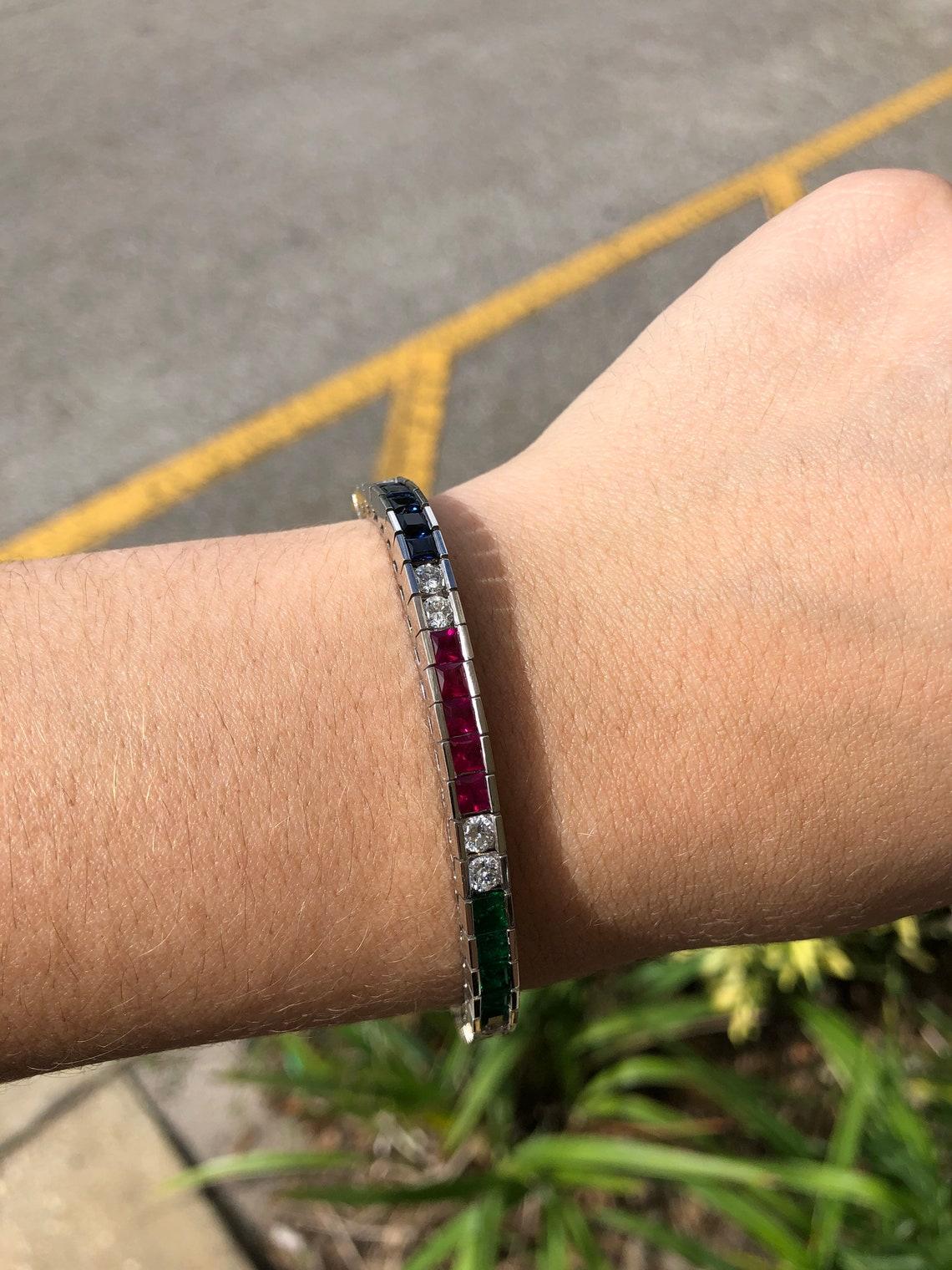 13.17ct Emerald Sapphire Ruby & Diamond Tennis Bracelet – 14K White Gold In New Condition For Sale In Jupiter, FL