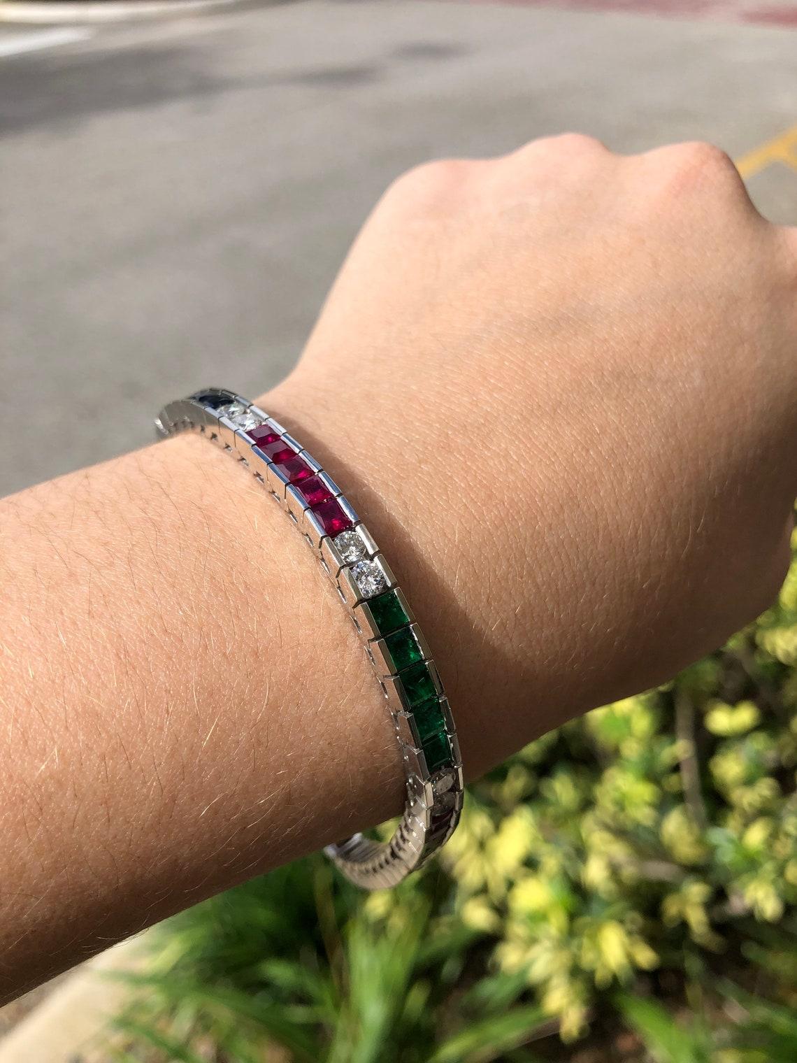 Women's 13.17ct Emerald Sapphire Ruby & Diamond Tennis Bracelet – 14K White Gold For Sale