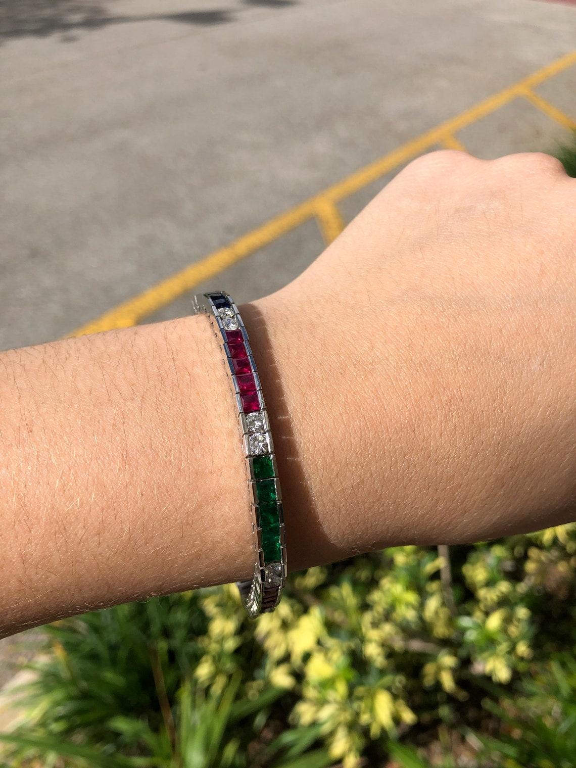 13.17tcw Emerald Sapphire Ruby & Diamond 14K White Gold Tennis Bracelet For Sale 1