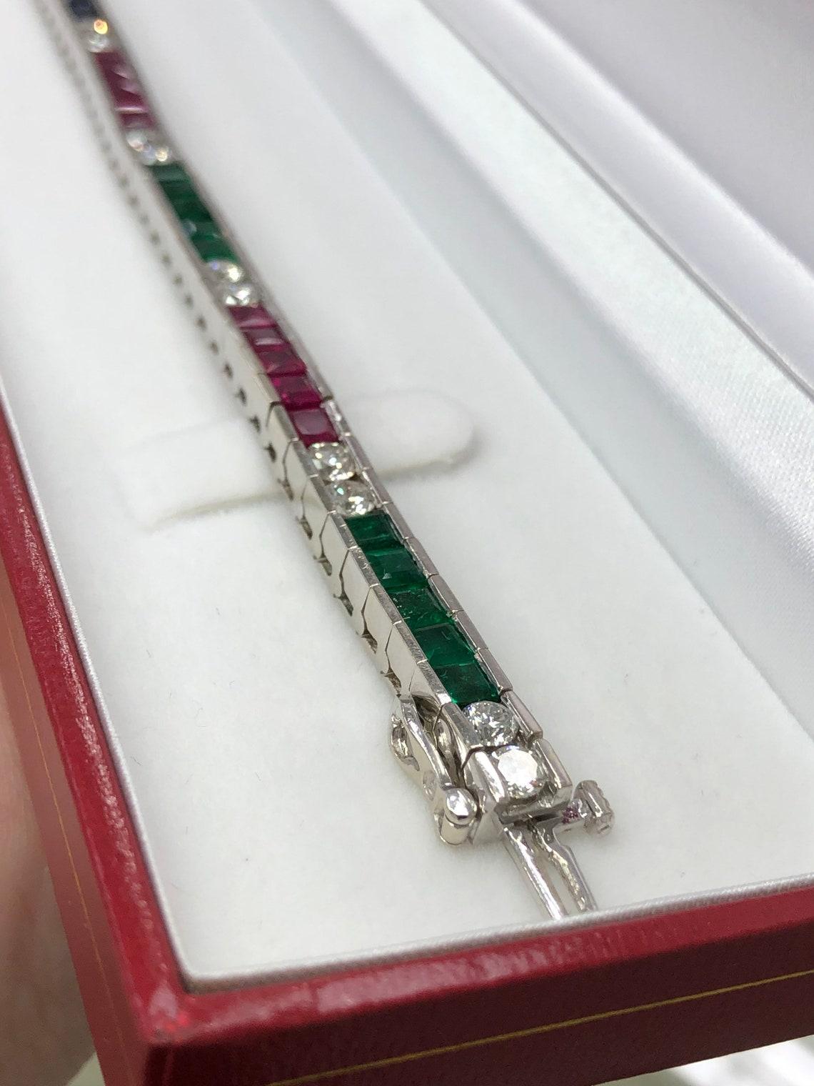 13.17tcw Emerald Sapphire Ruby & Diamond 14K White Gold Tennis Bracelet For Sale 2