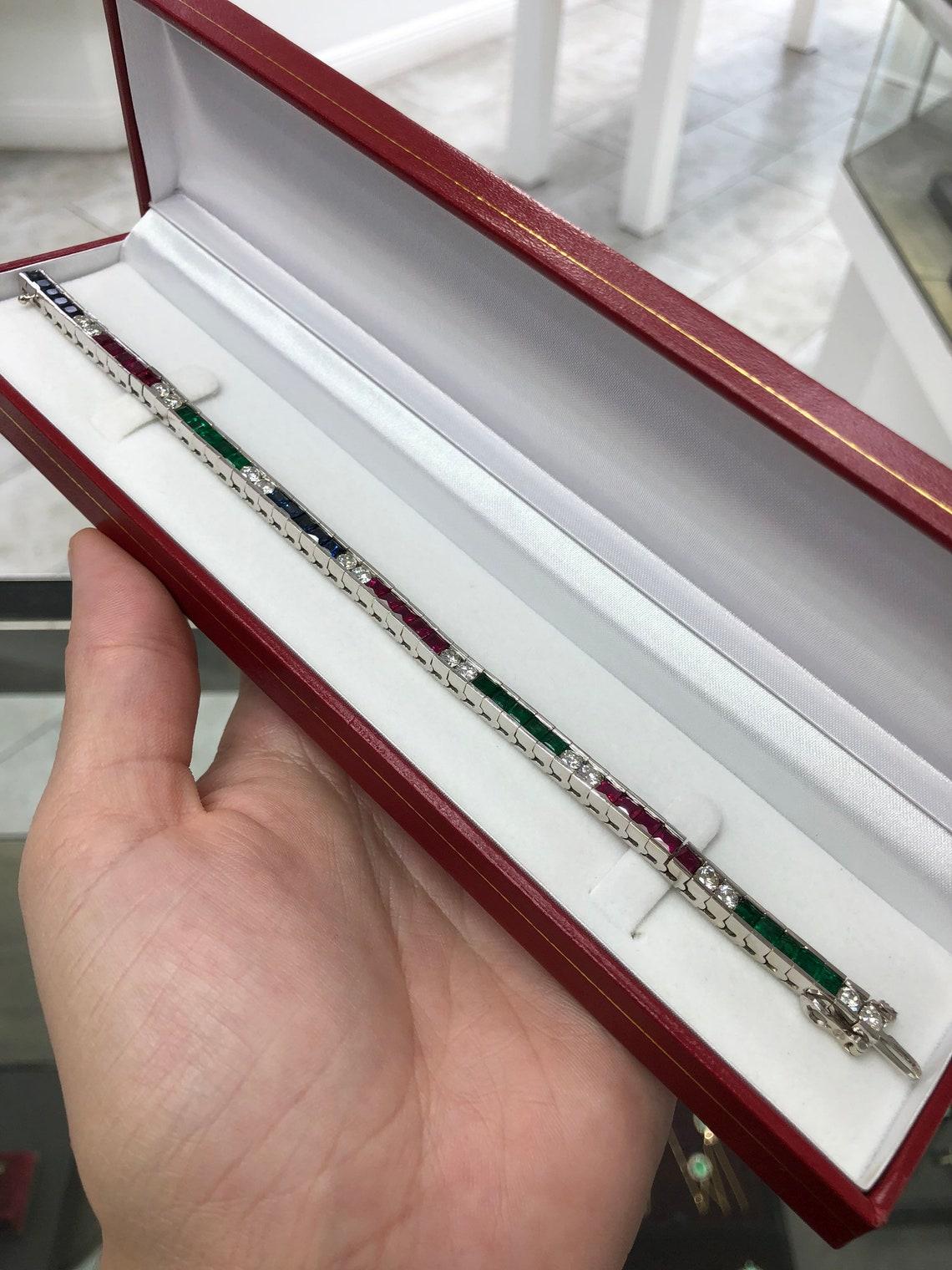 13.17tcw Emerald Sapphire Ruby & Diamond 14K White Gold Tennis Bracelet For Sale 3