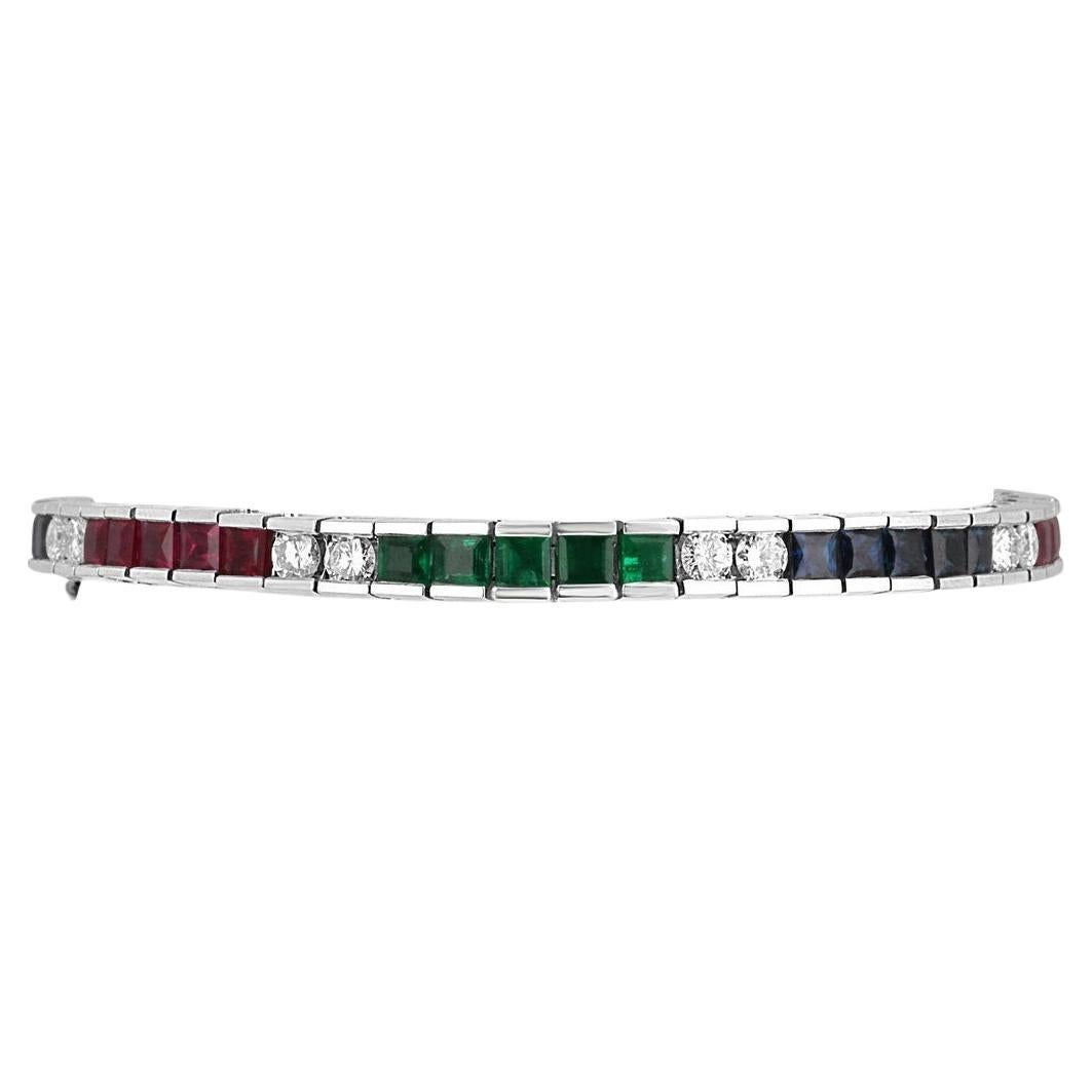 13.17tcw Emerald Sapphire Ruby & Diamond 14K White Gold Tennis Bracelet For Sale