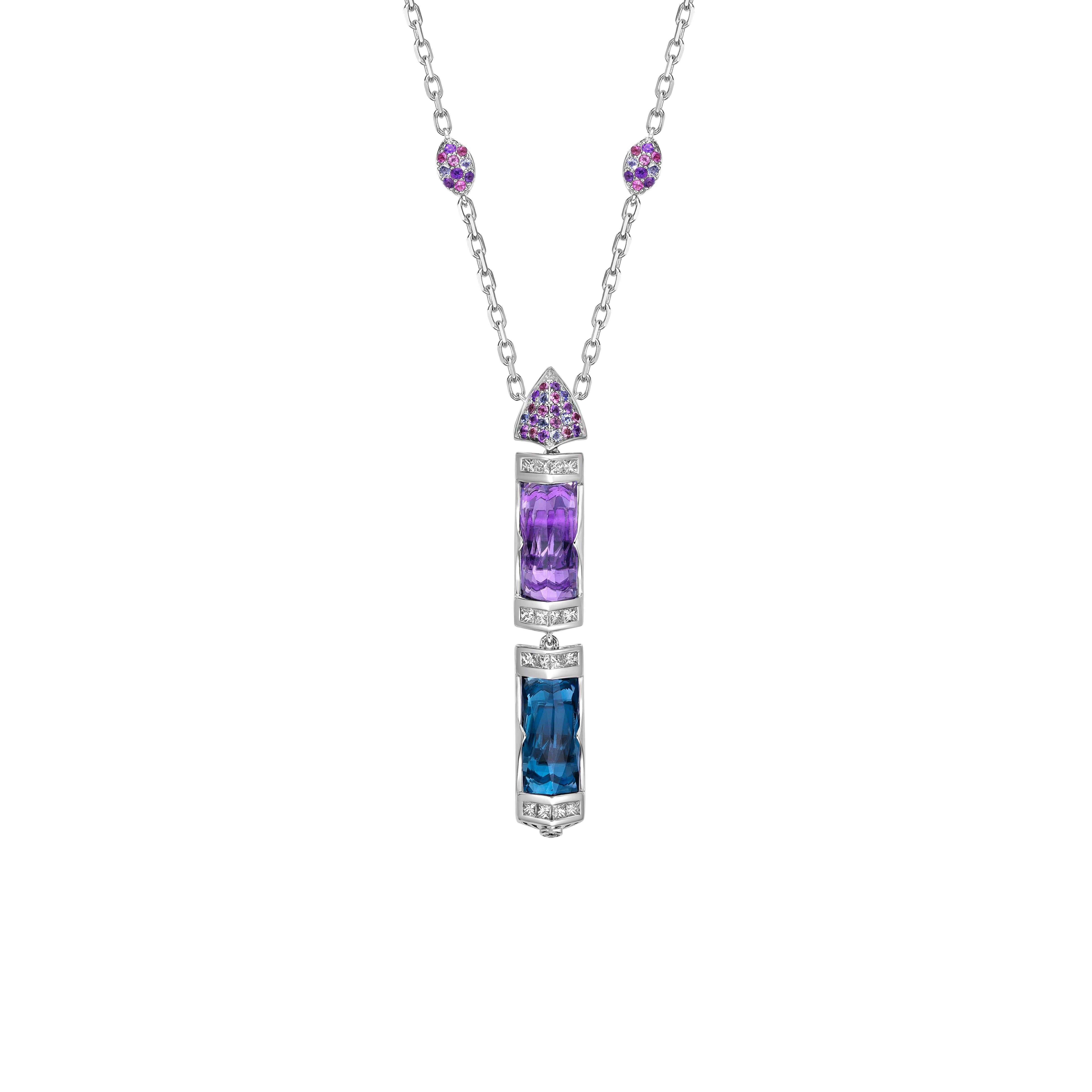 Presented A lovely Pendant of amethyst and London blue topaz is perfect for people who want to wear it to any occasion or celebration. Pink tourmaline and tanzanite embellishments on Top add to the pendant artistic and beautiful design. Crafted in