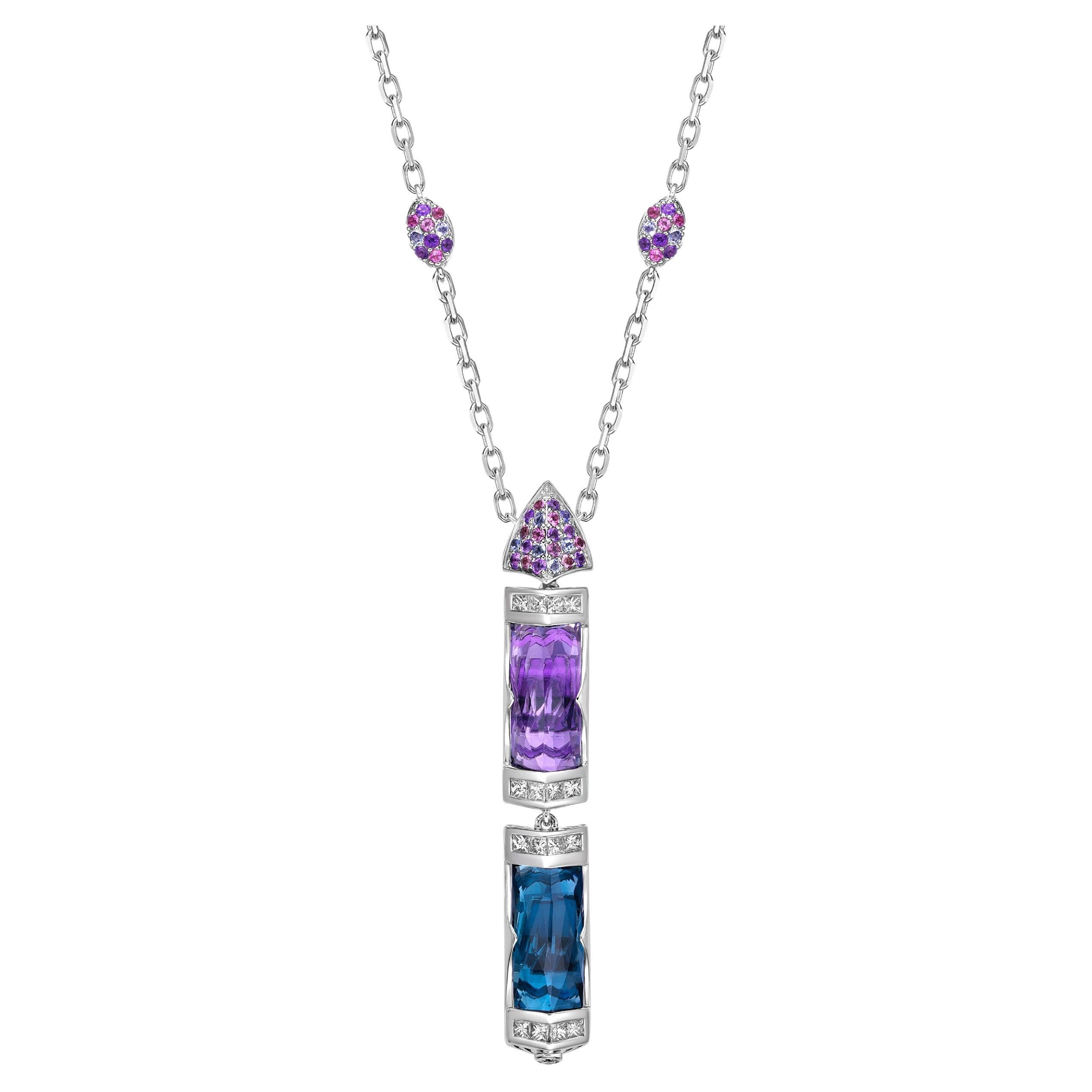 13.18 Carat Blue topaz, Amethyst Pendant in 18Karat White Gold with Multi Stone. For Sale