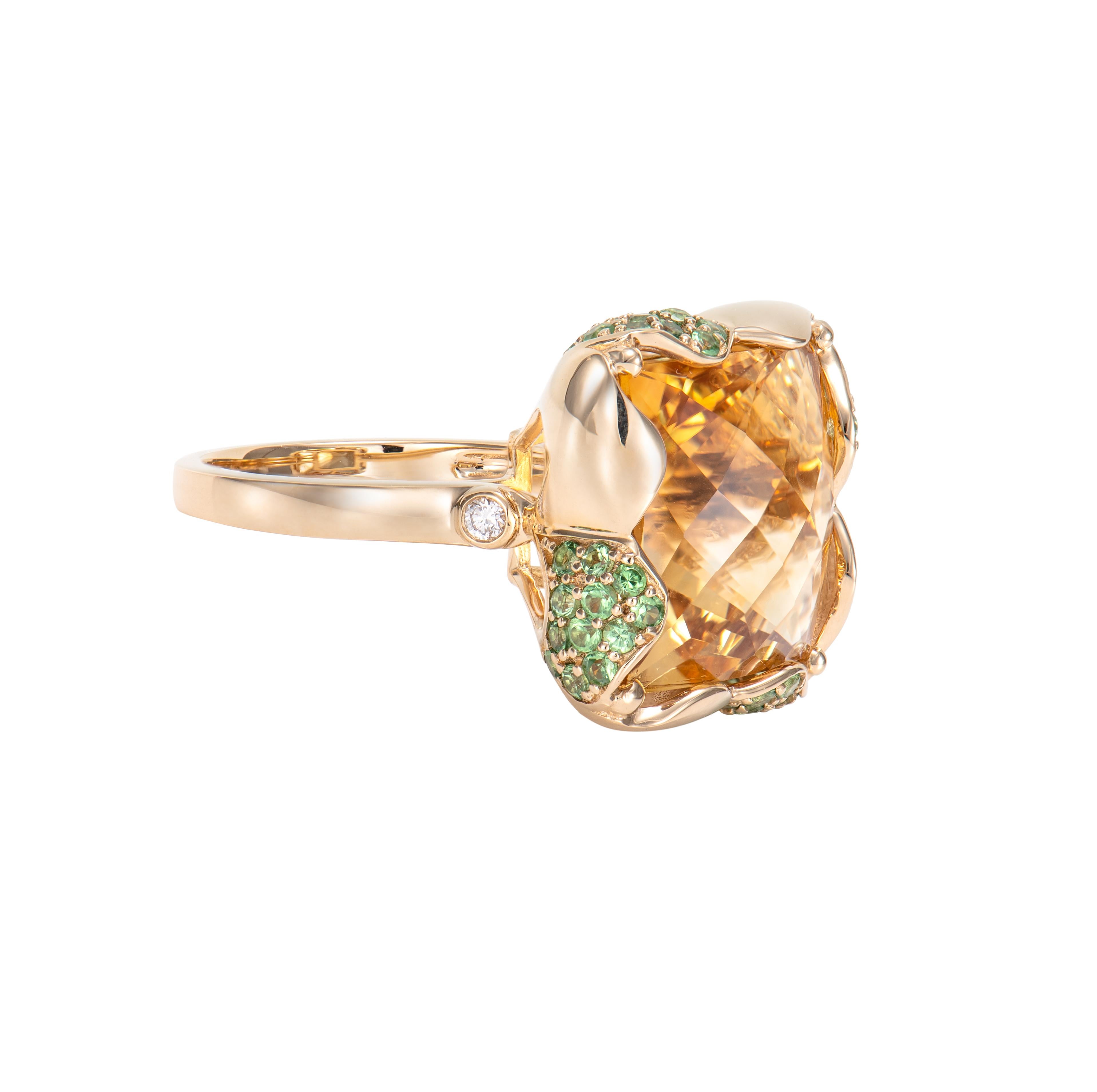 It is fancy Citrine Ring in a Square shape with checkerboard cut with yellow hue. The ring is elegant and can be worn for many occasions. The Tsavorite around the ring add to the beauty and elegance of the ring. These beautiful gems make great gifts
