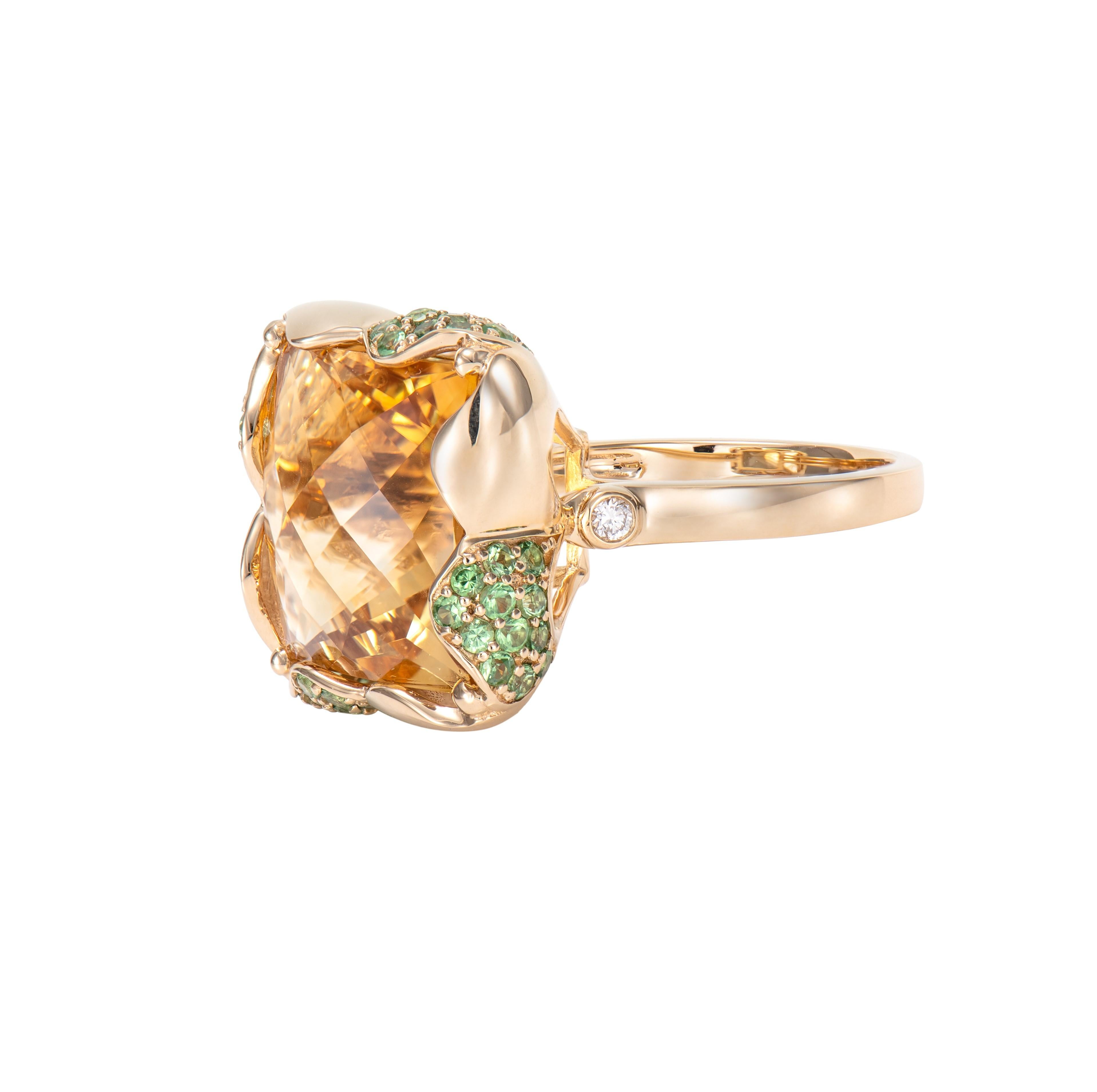Contemporary 13.18 Carat Citrine Fancy Ring in 18KYG with Tsavorite and White Diamond For Sale
