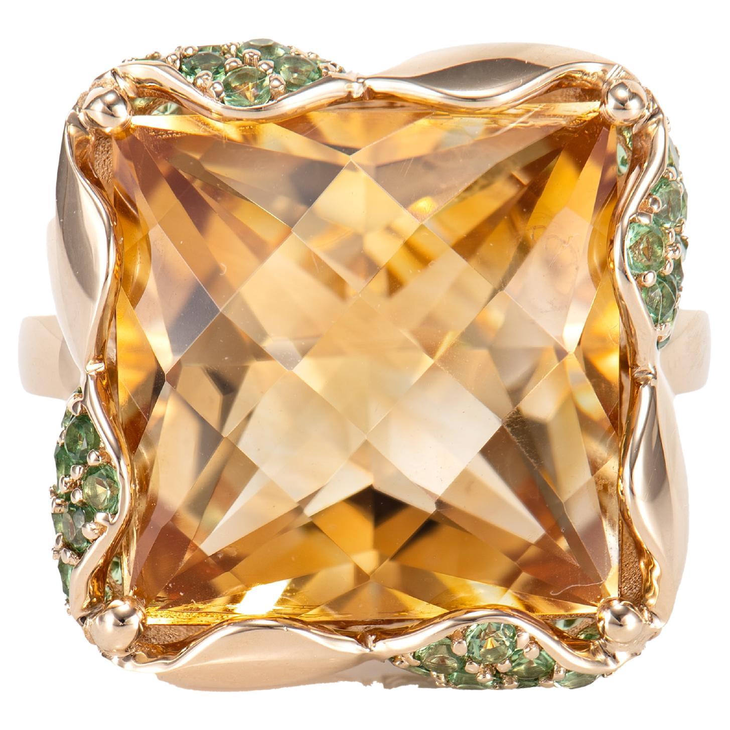 13.18 Carat Citrine Fancy Ring in 18KYG with Tsavorite and White Diamond For Sale