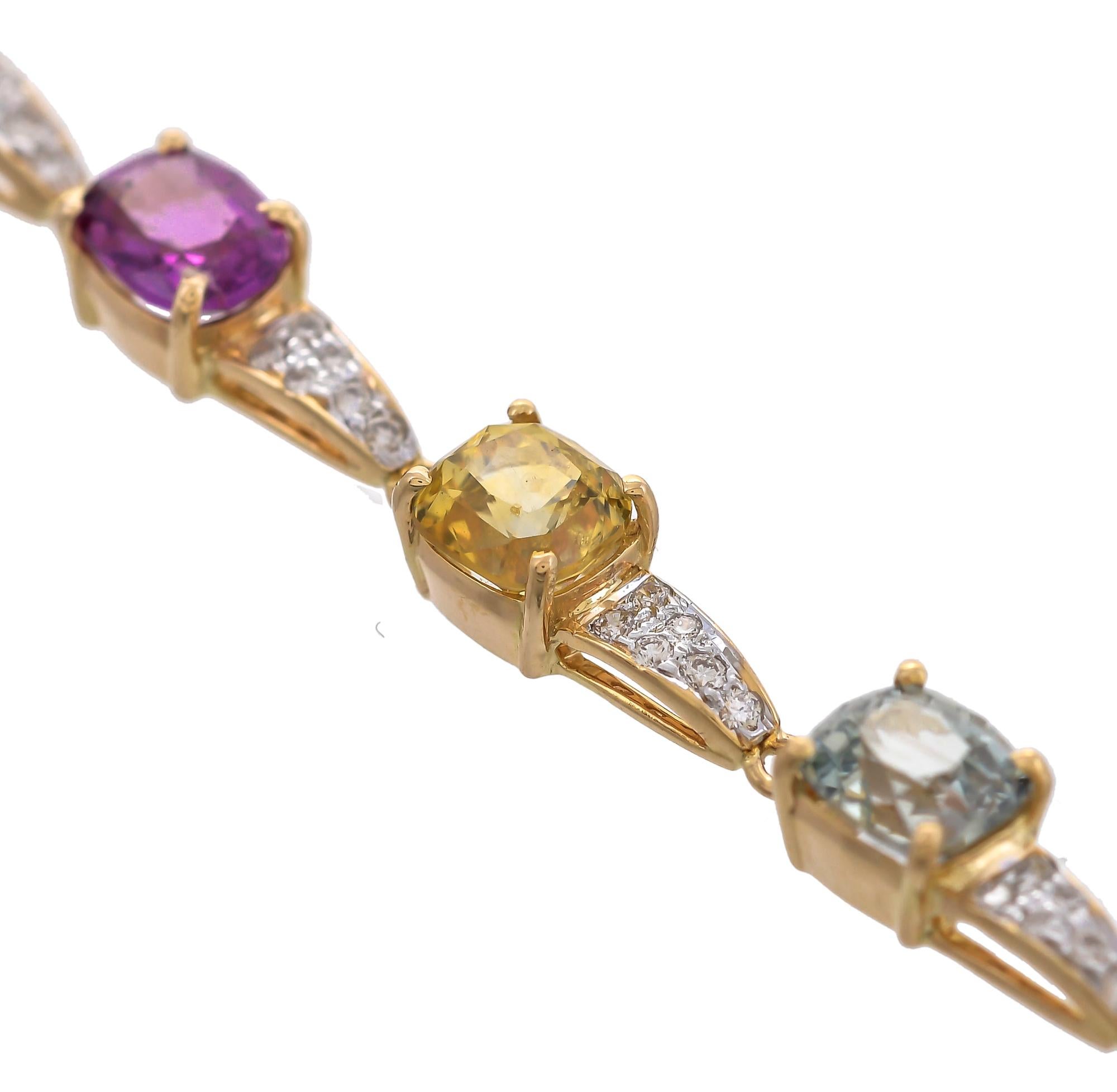 Modern 13.18 Carat Multi Sapphire Diamond 18 Karat Yellow Gold Simple Bracelet For Sale