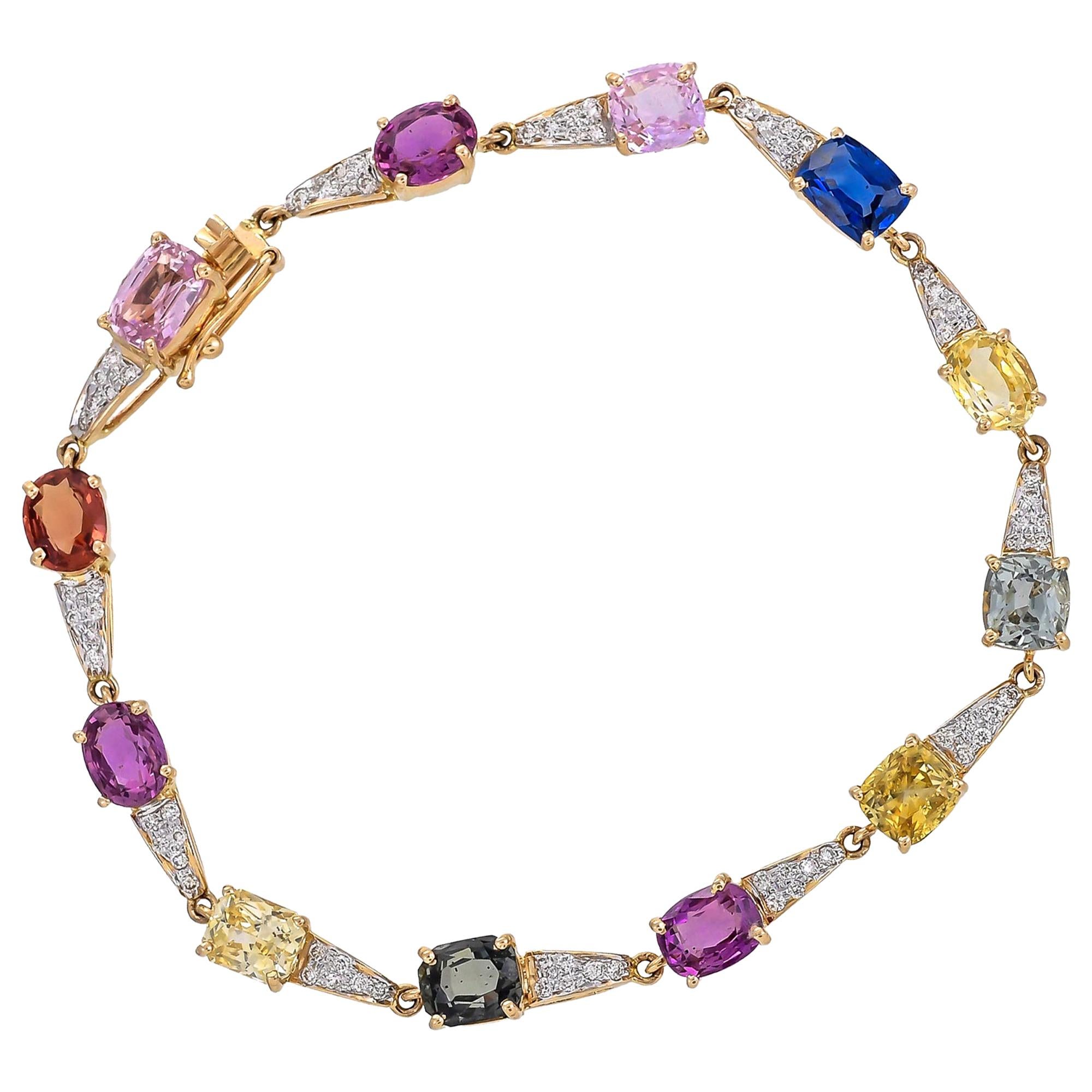 13.18 Carat Multi Sapphire Diamond 18 Karat Yellow Gold Simple Bracelet For Sale