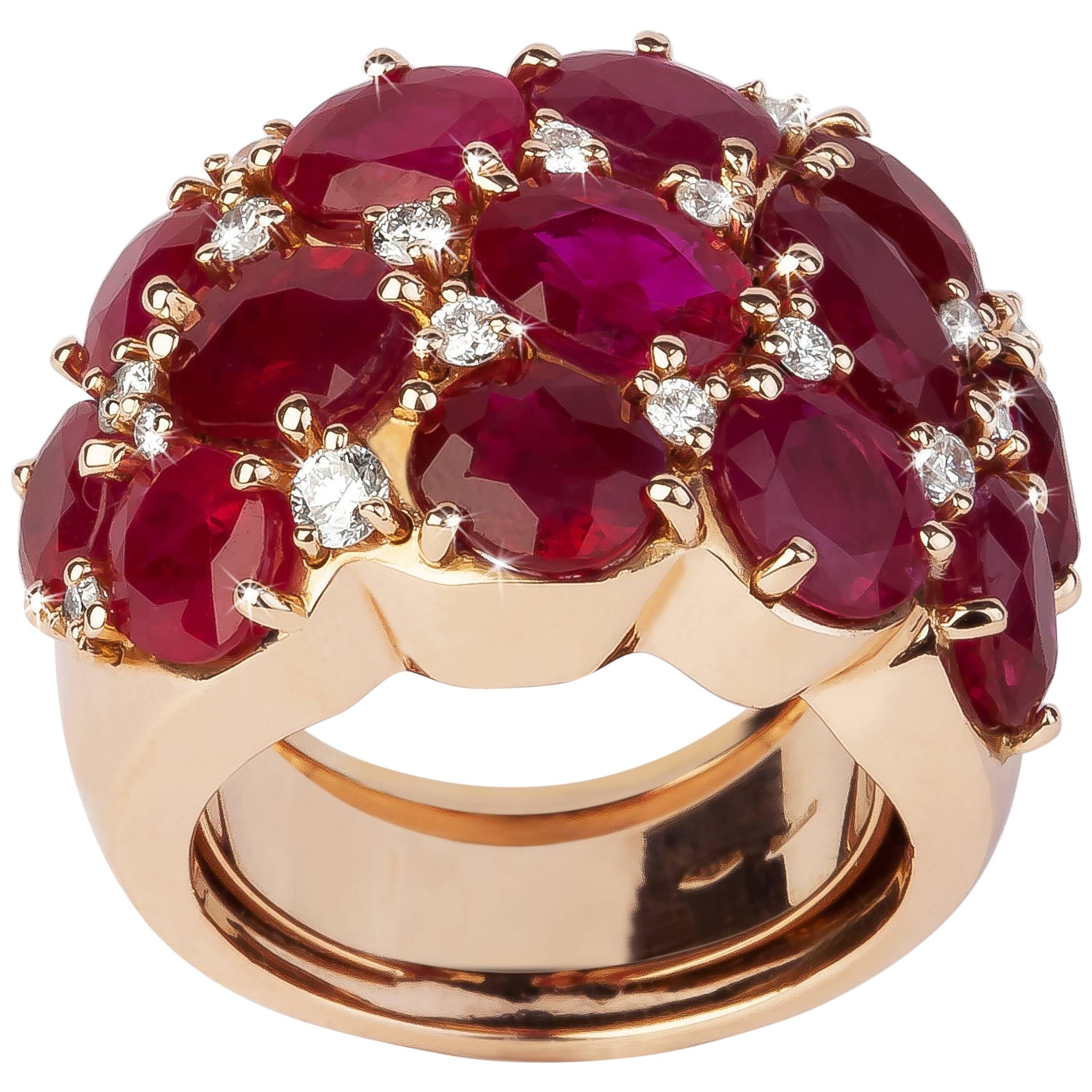 13.18 Carat Oval Cut Rubies, Round Diamonds, Valadier Dome Ring For Sale