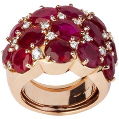 13.18 Carat Oval Cut Rubies, Round Diamonds, Valadier Dome Ring