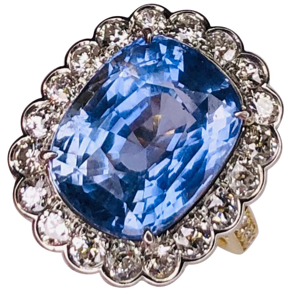 13.18 Carat NO HEAT Sapphire and Diamond Platinum Gold Ring Estate Fine Jewelry