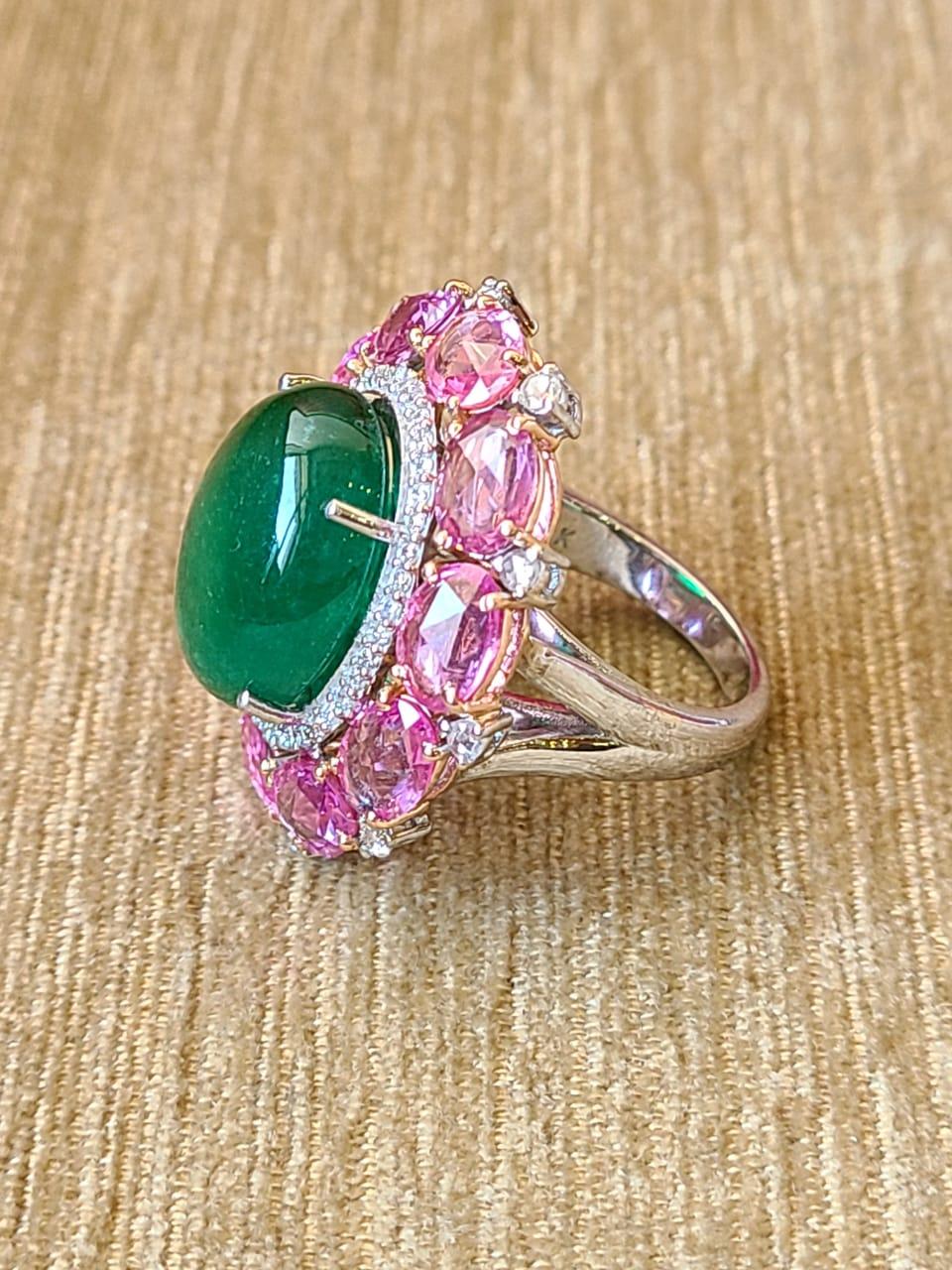 Modern 13.18 Carats, Zambian Emerald Cabochon, Pink Sapphires & Diamonds Cocktail Ring