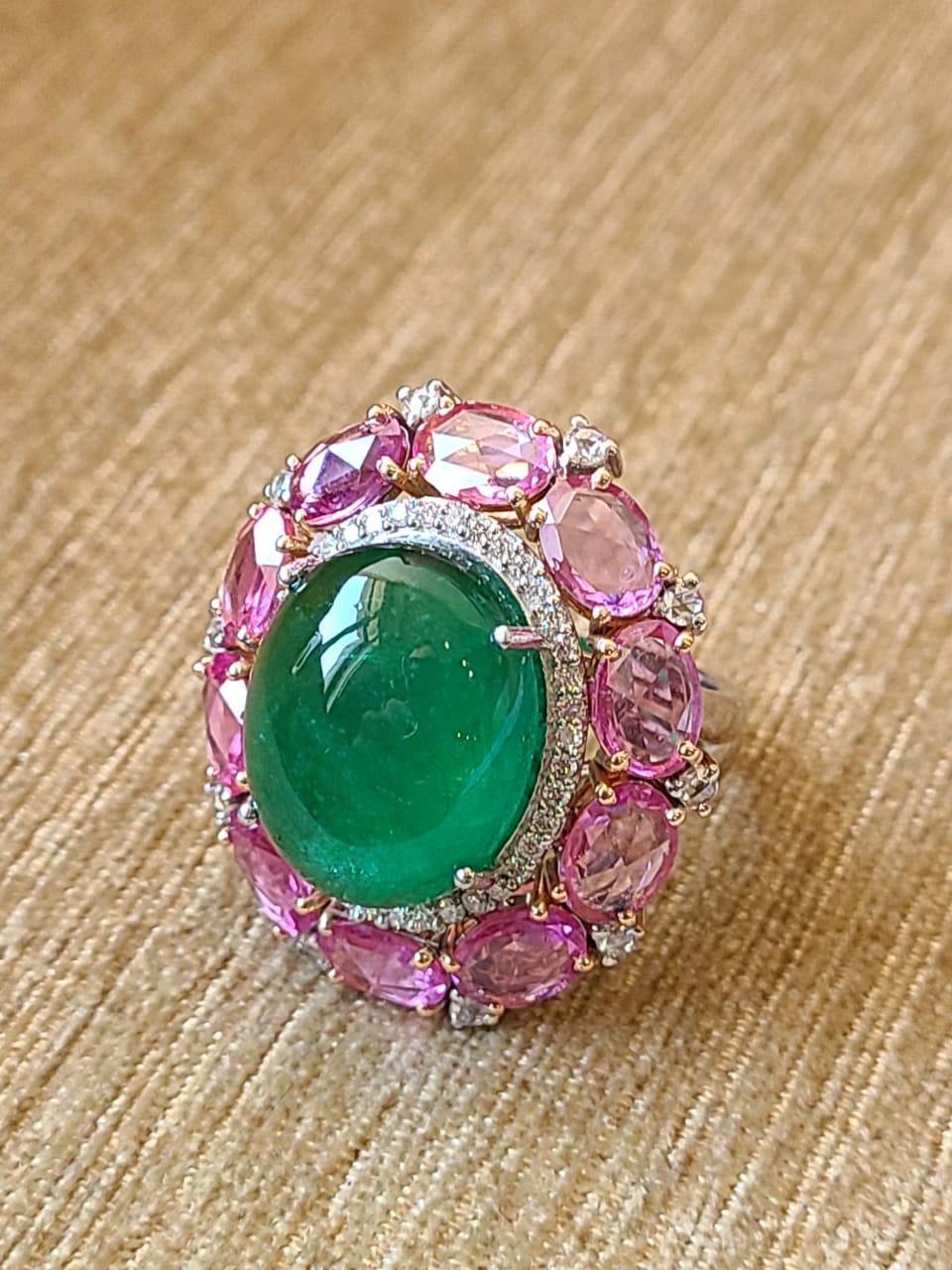 13.18 Carats, Zambian Emerald Cabochon, Pink Sapphires & Diamonds Cocktail Ring In New Condition In Hong Kong, HK