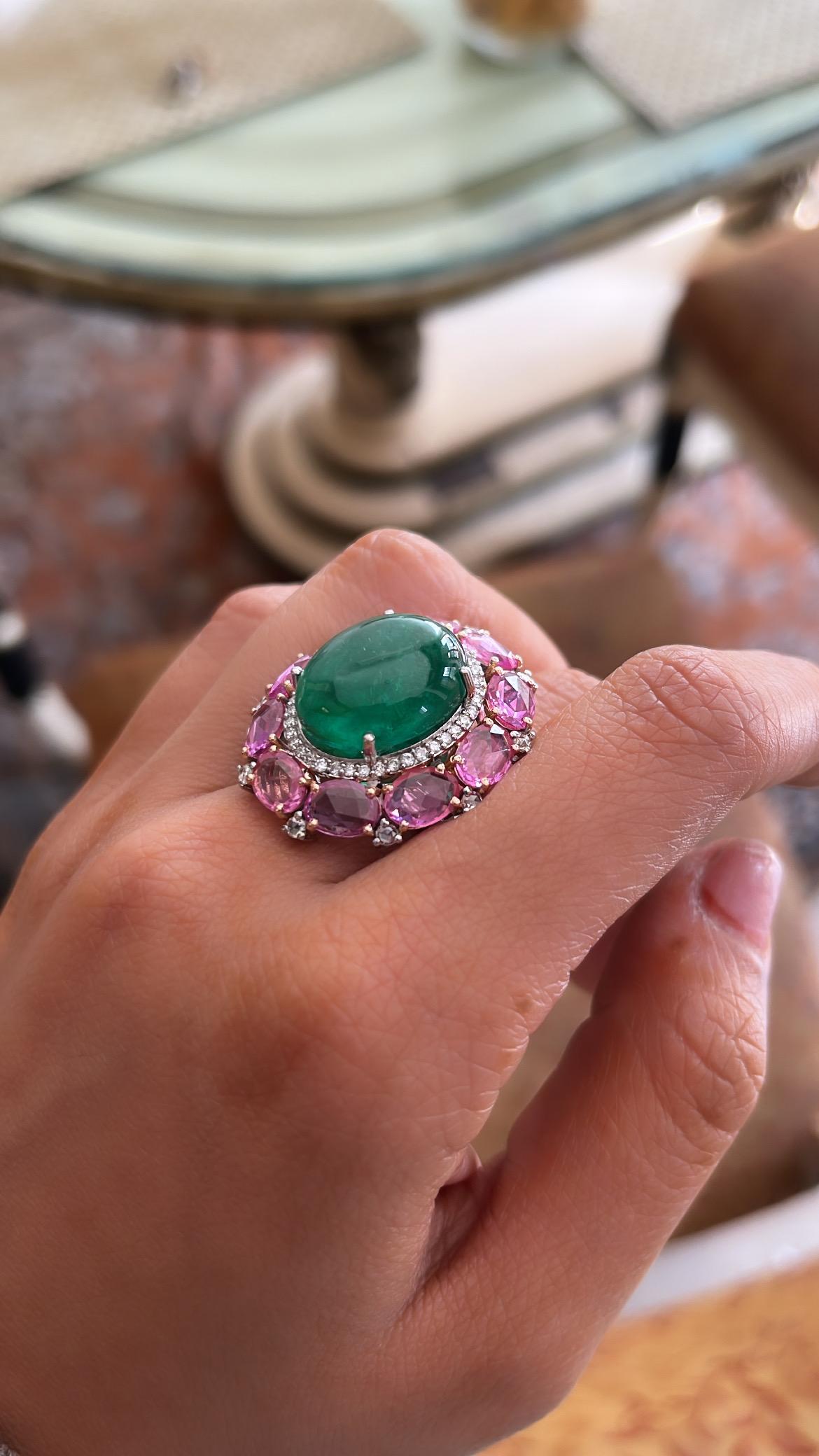 Women's or Men's 13.18 Carats, Zambian Emerald Cabochon, Pink Sapphires & Diamonds Cocktail Ring