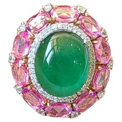 13.18 Carats, Zambian Emerald Cabochon, Pink Sapphires & Diamonds Cocktail Ring