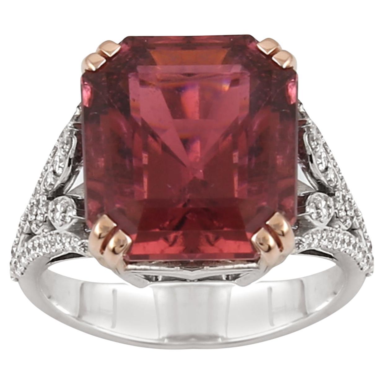 13.18 ct Pink Touramline Ring With Diamonds In 18k White Gold