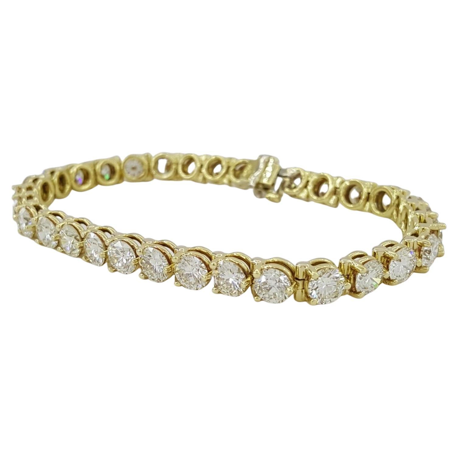 13.18ct Total Weight Round Brilliant Cut Diamond 18k Yellow Gold Tennis Bracele For Sale