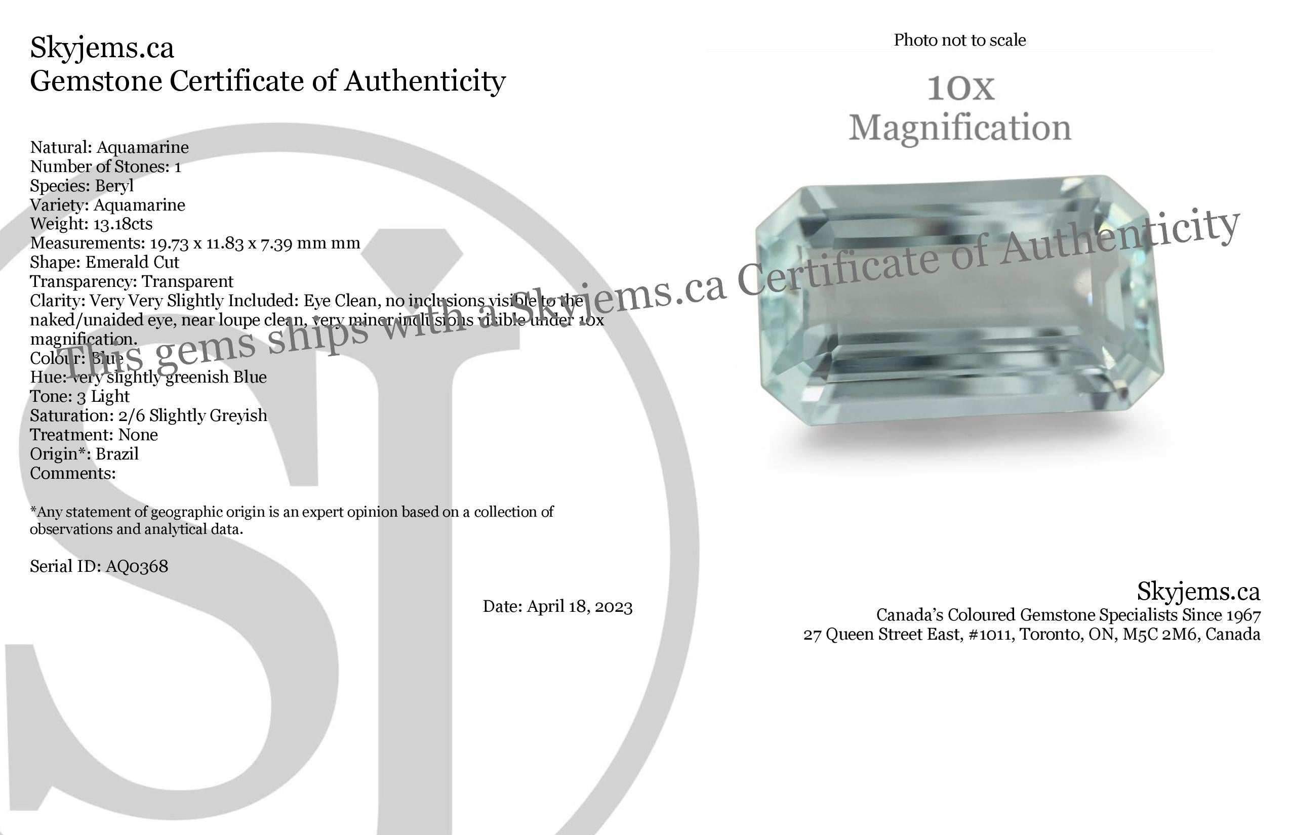 Beschreibung:

Edelstein-Typ: Aquamarin 
Anzahl von Steinen: 1
Gewicht: 13,18 Karat
Abmessungen: 19.73 x 11,83 x 7,39 mm
Form: Smaragd-Schliff
Schnittstil Krone: Stufenschnitt
Schnittstil-Pavillon: Stufenschnitt 
Transparenz: Keine
Klarheit: Sehr