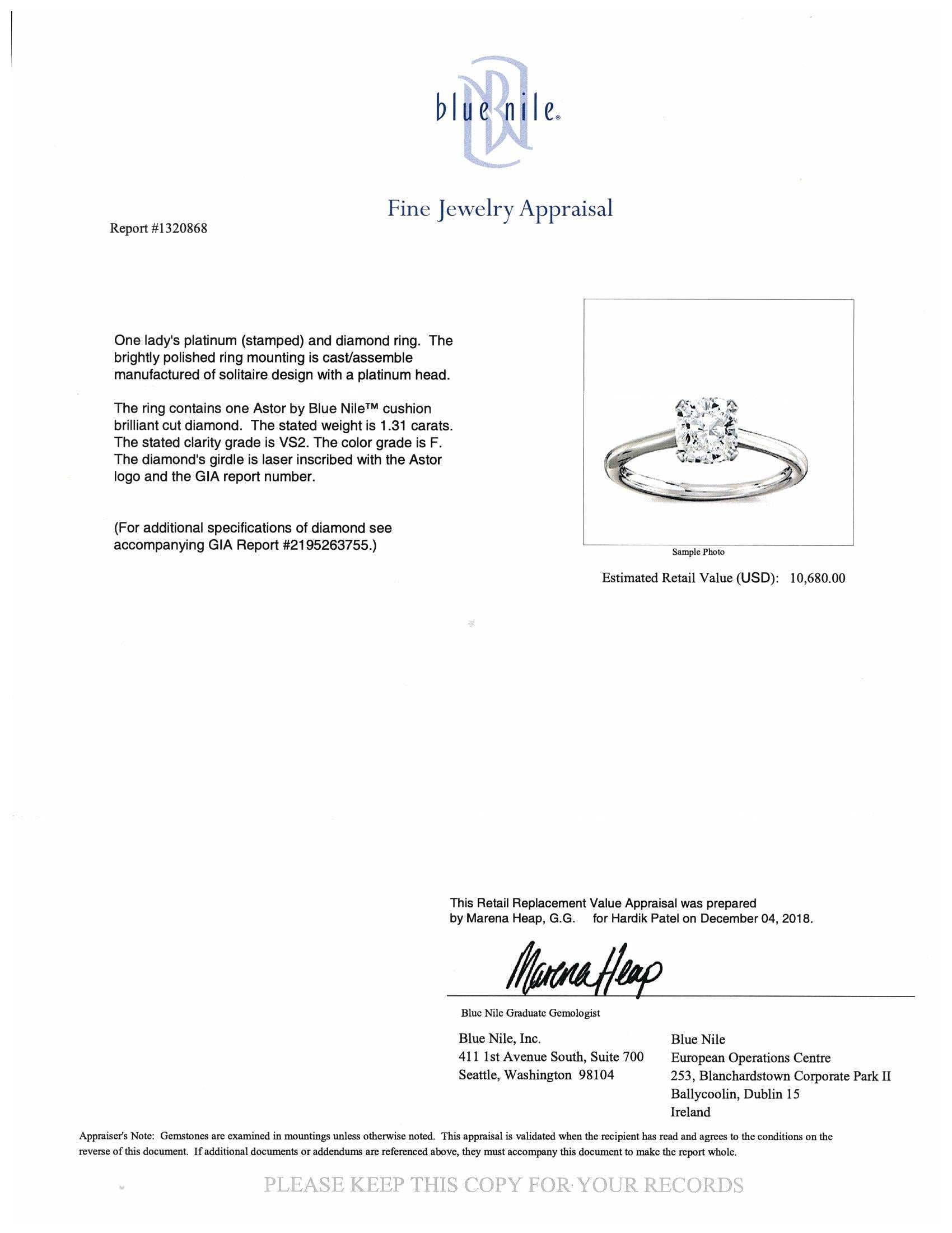 1.31ct Blue Nile Astor Cushion Diamond Engagement Ring F VS2 GIA in Platinum 1