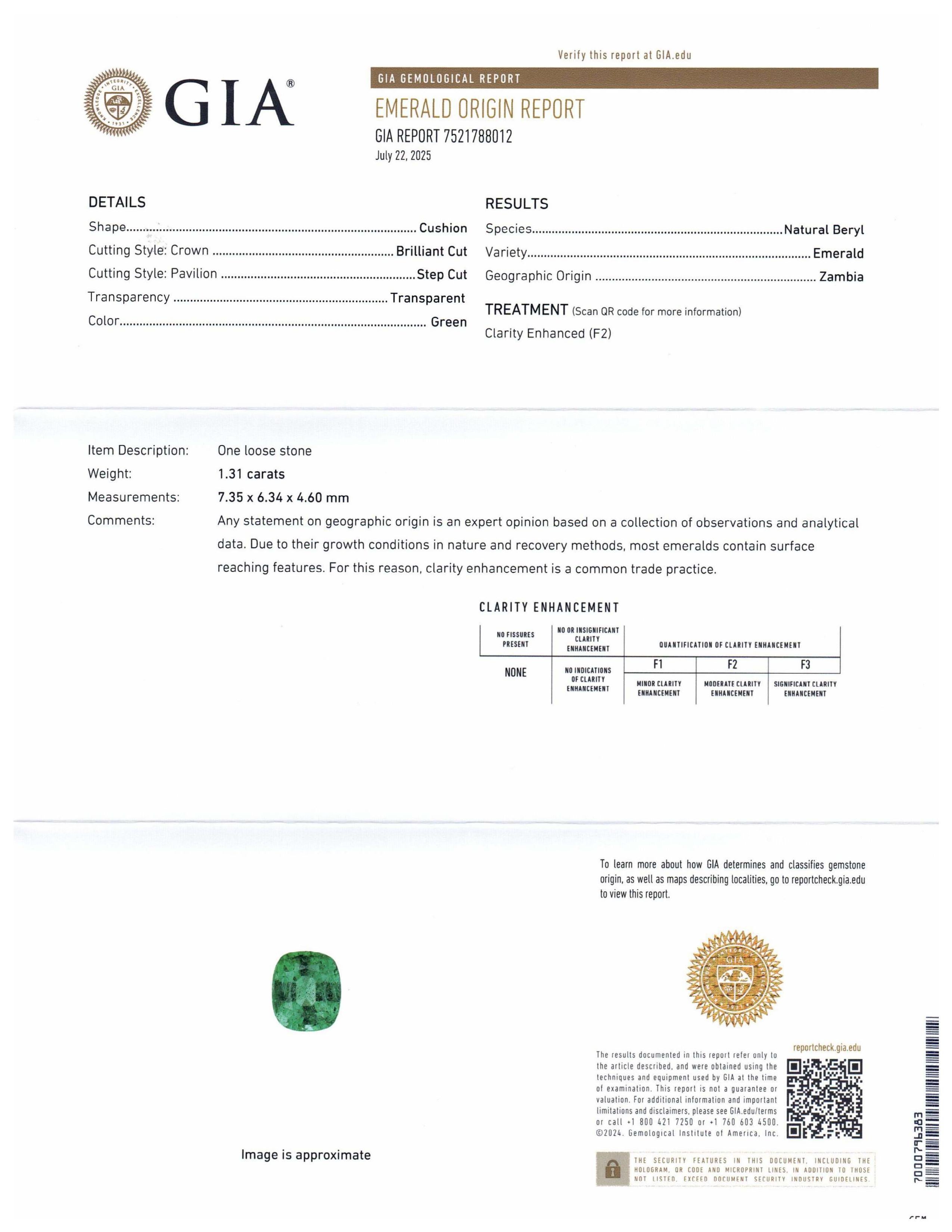 Si tratta di uno splendido smeraldo certificato GIA 


Il rapporto GIA recita come segue:

Numero del rapporto GIA: 7521788012
Forma: Cuscino
Stile di taglio: 
Stile di taglio: Corona: Taglio brillante
Stile di taglio: Padiglione: Taglio a