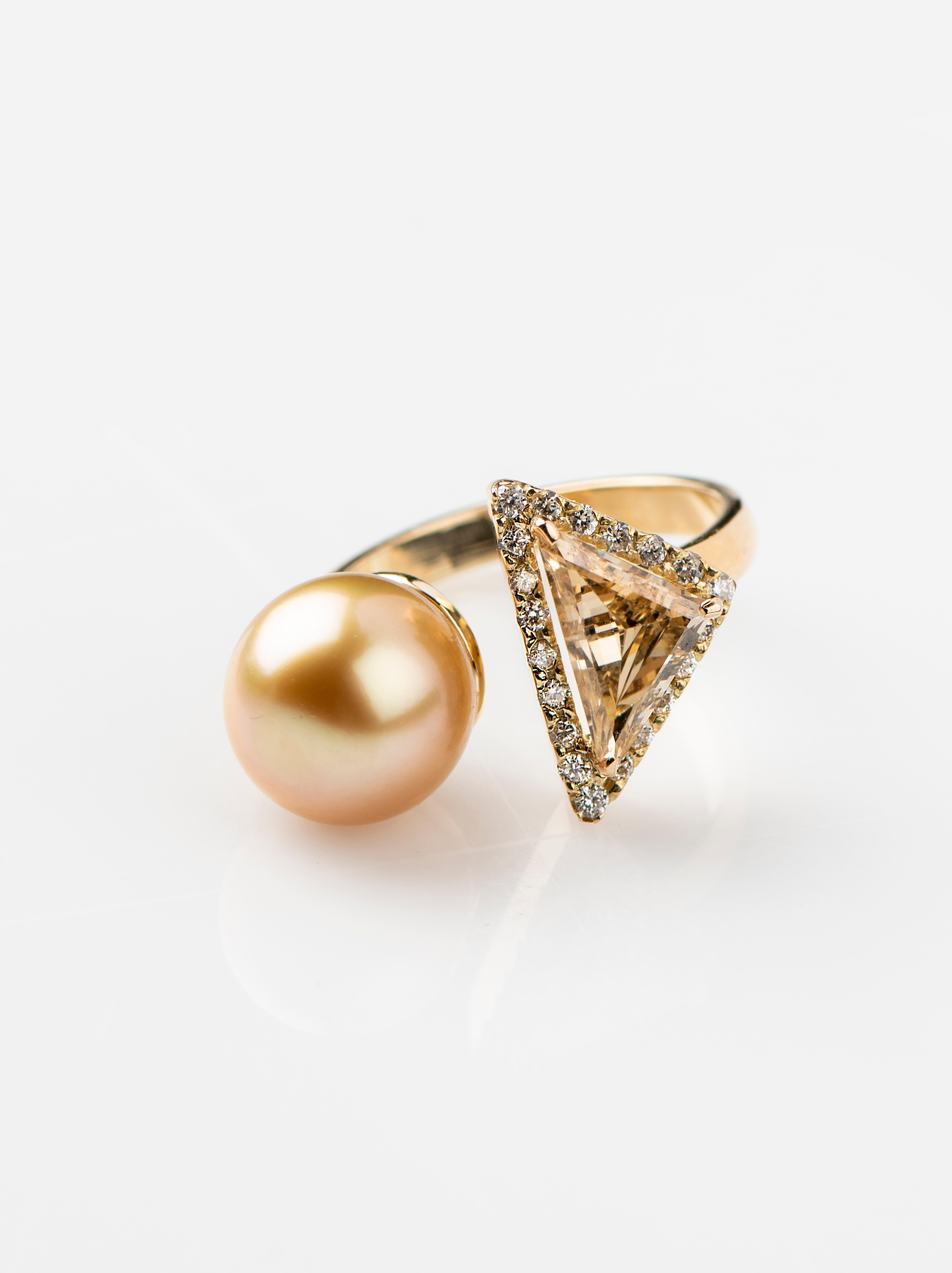 Contemporary 1.31ct Fancy Diamond and Golden South Sea Pearl Ring For Sale