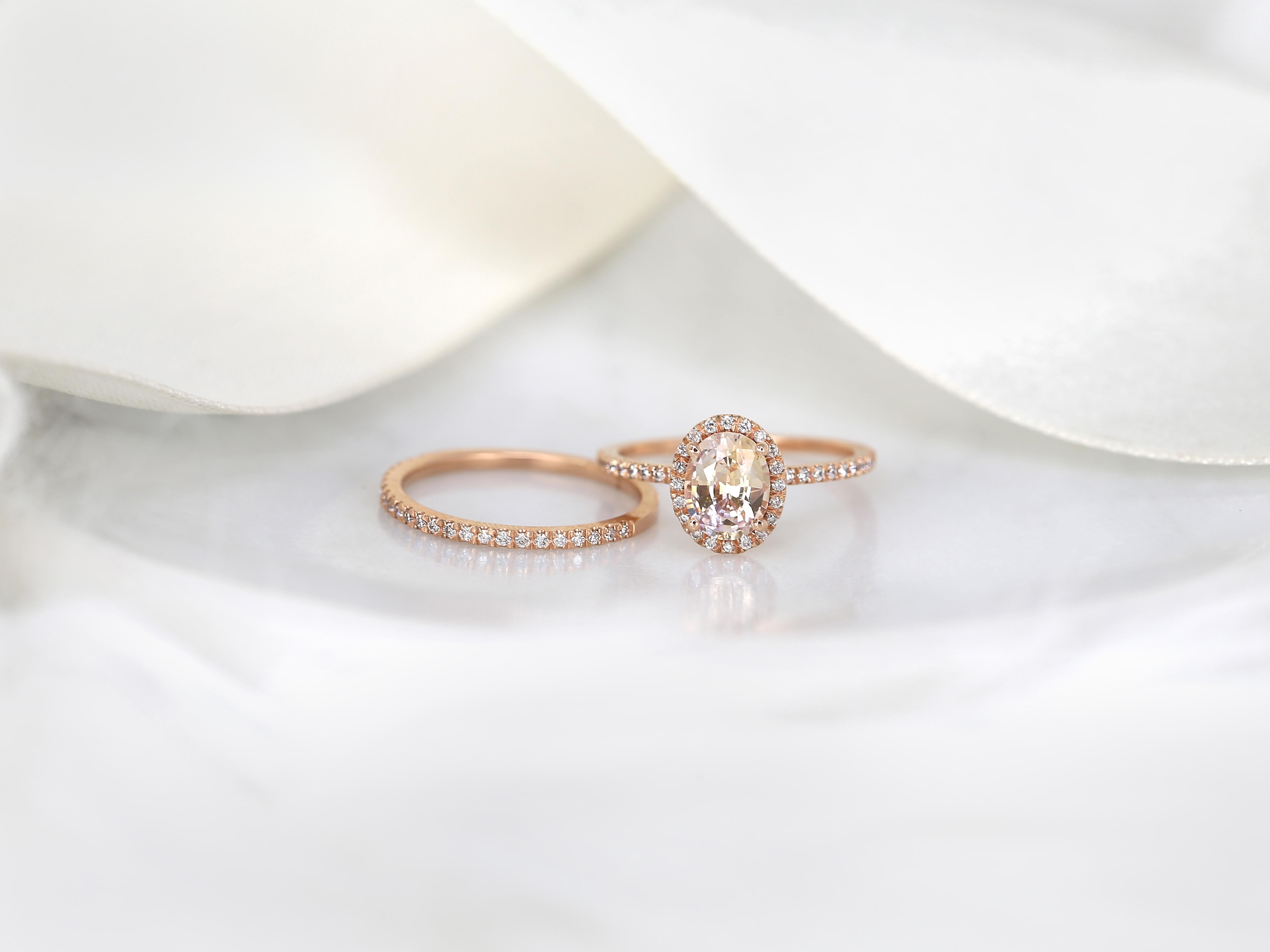 1.31ct Federella 14kt Peach Champagne Sapphire Diamonds Oval Halo Bridal Set For Sale 5