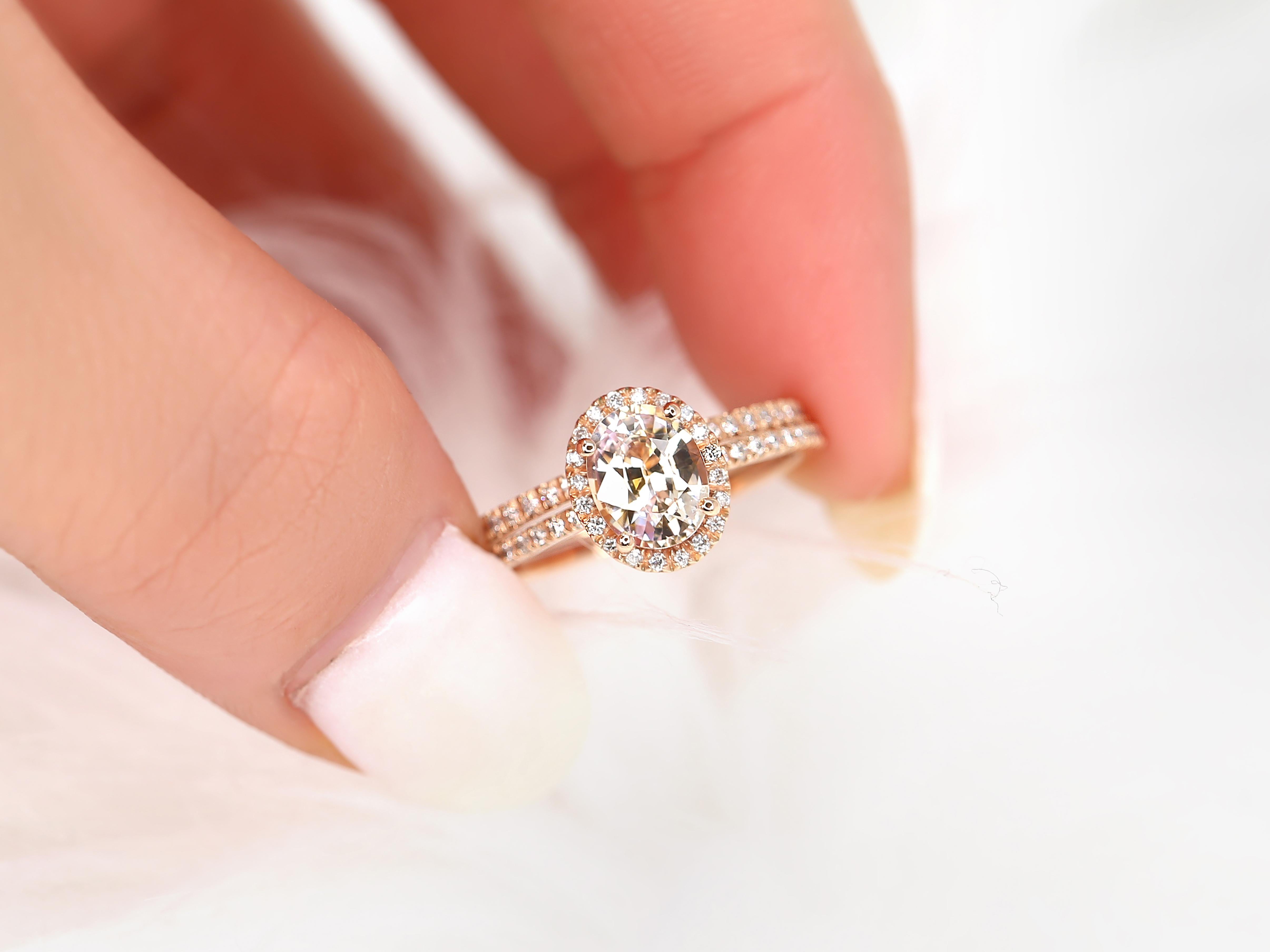1.31ct Federella 14kt Peach Champagne Sapphire Diamonds Oval Halo Bridal Set In New Condition For Sale In Chicago, IL
