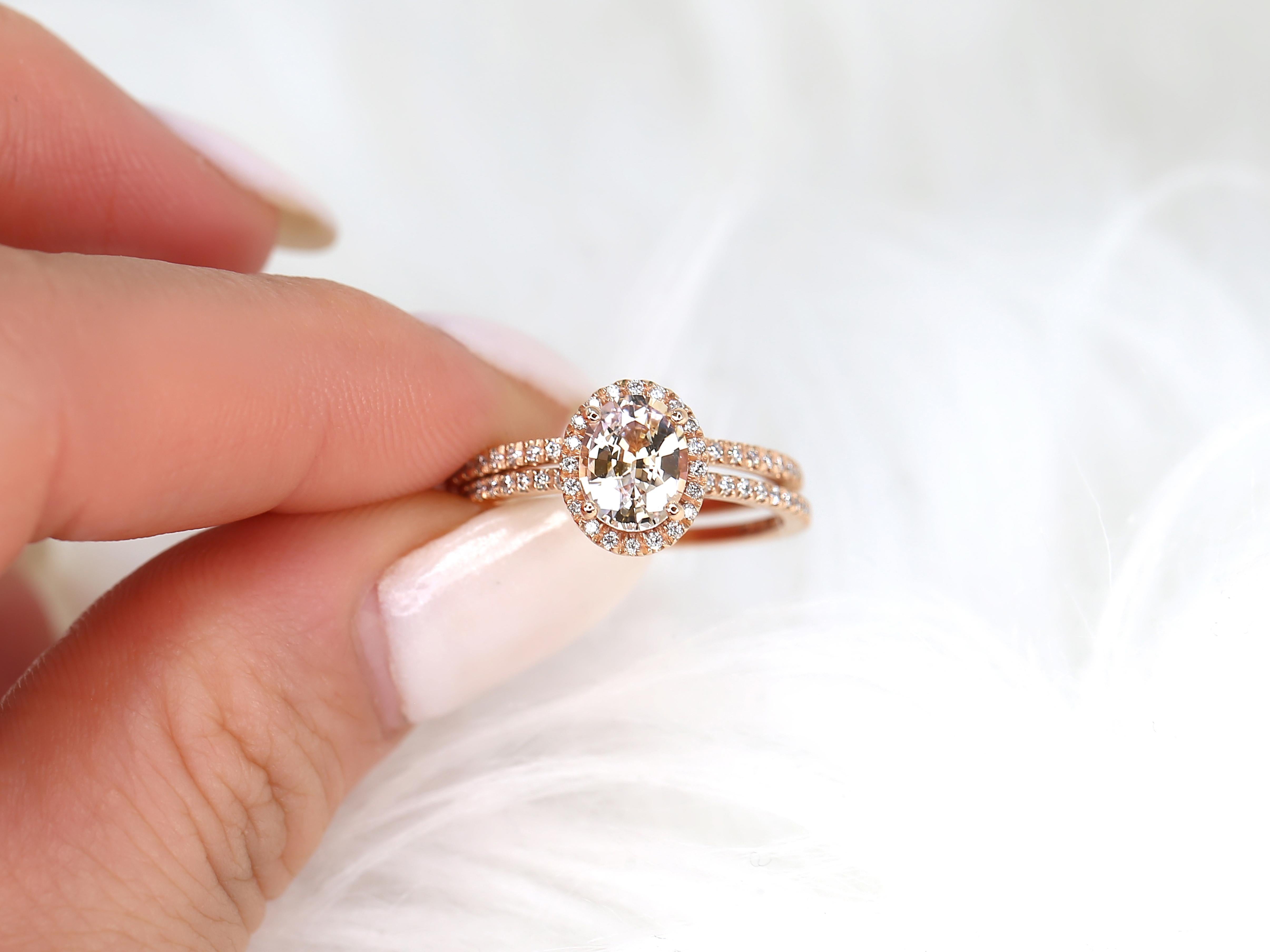 1.31ct Federella 14kt Peach Champagne Sapphire Diamonds Oval Halo Bridal Set For Sale 3