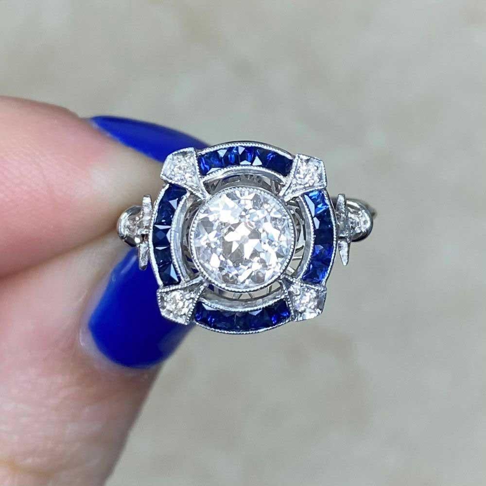 1.31ct Old European Cut Diamond Engagement Ring, Diamond&Sapphire Halo, Platinum For Sale 5
